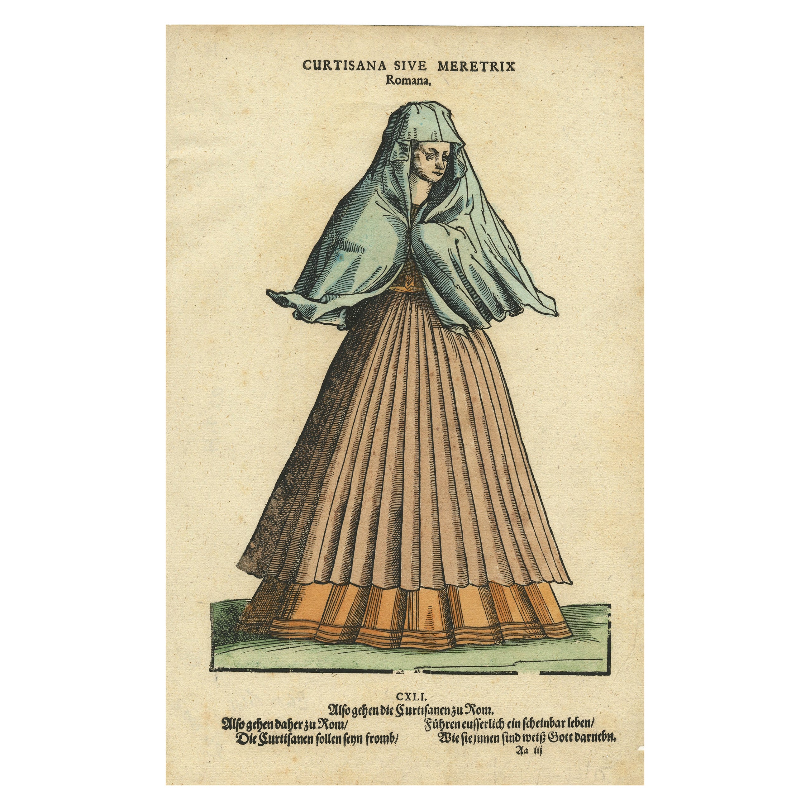 Römische Kurtisane - Antiker handkolorierter Holzschnitt von Jost Amman, 1577