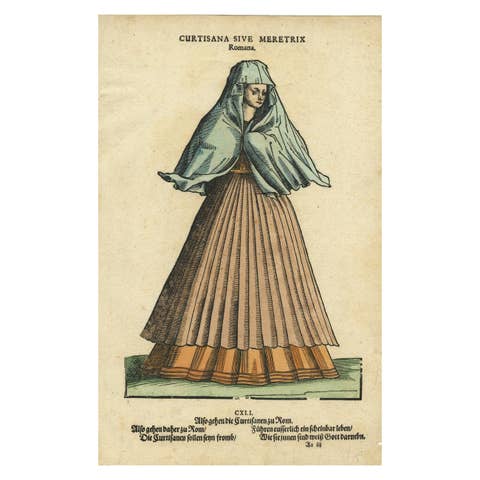 Roman Courtesan – Antique Hand-Coloured Woodcut by Jost Amman, 1577
