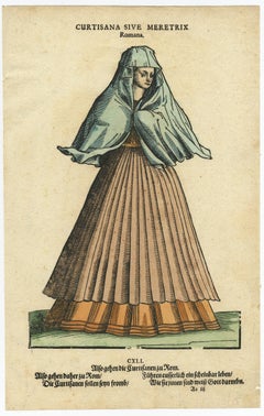 Roman Courtesan – Antique Hand-Coloured Woodcut by Jost Amman, 1577