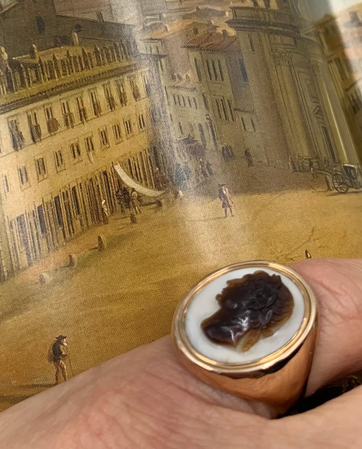 Roman Emperor Augustus Georgian Period Sardonyx Cameo 18K Gold Ring For Sale 4