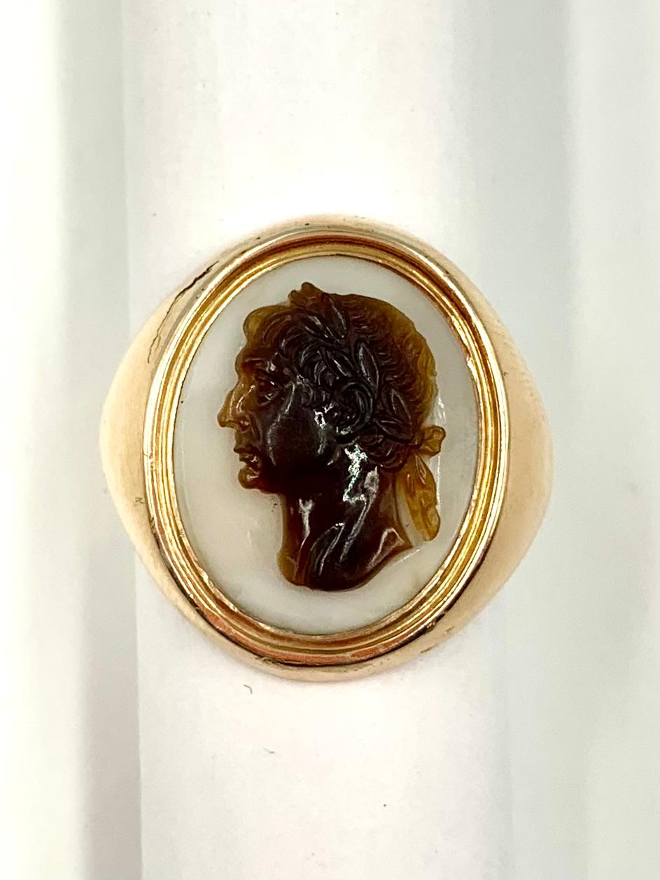 Classical Roman Roman Emperor Augustus Georgian Period Sardonyx Cameo 18K Gold Ring For Sale