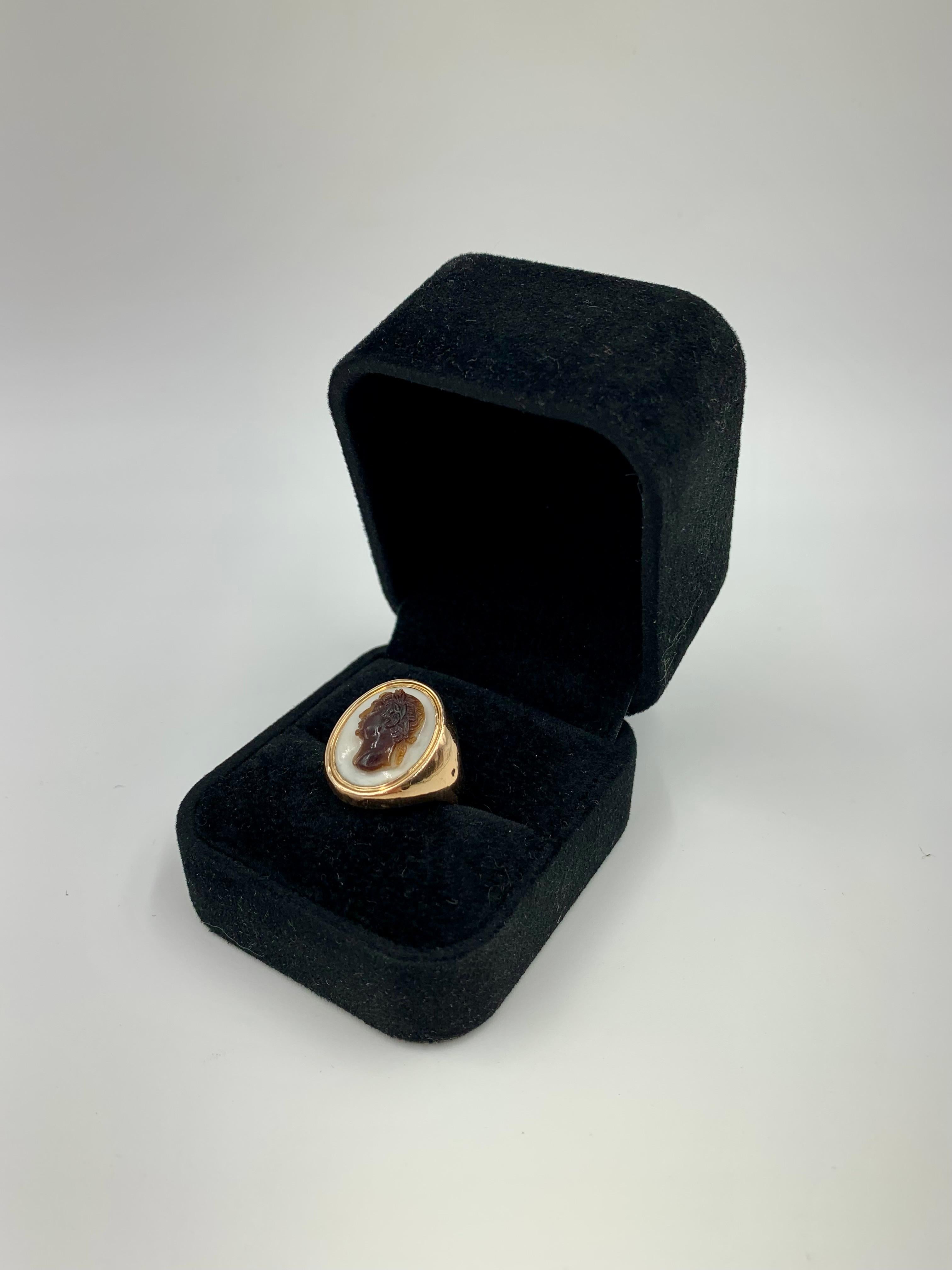 Roman Emperor Augustus Georgian Period Sardonyx Cameo 18K Gold Ring For Sale 3