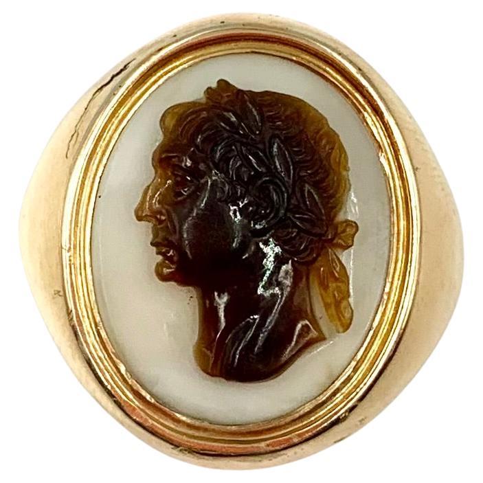 Roman Emperor Augustus Georgian Period Sardonyx Cameo 18K Gold Ring For Sale