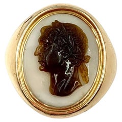 Roman Emperor Augustus Georgian Period Sardonyx Cameo 18K Gold Ring