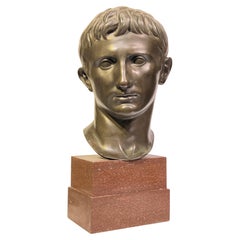 Roman Emperor Augustus Large Bronze and Granite Bust Sculpture