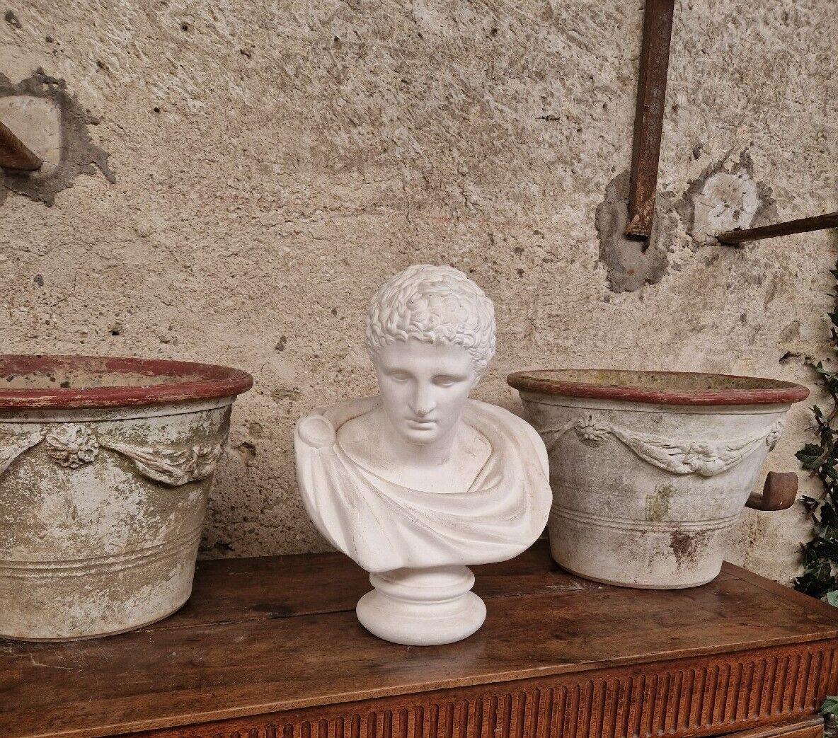 Cette magnifique sculpture est une représentation étonnante du célèbre empereur romain Marc Antoine. La pièce est fabriquée en plâtre de haute qualité et mesure une hauteur impressionnante de 50 cm pour une longueur de 38 cm et une largeur de 30 cm.