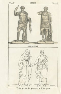 Statues d'empereurs romains et le préfet Probus avec son épouse, lithographie, 1842