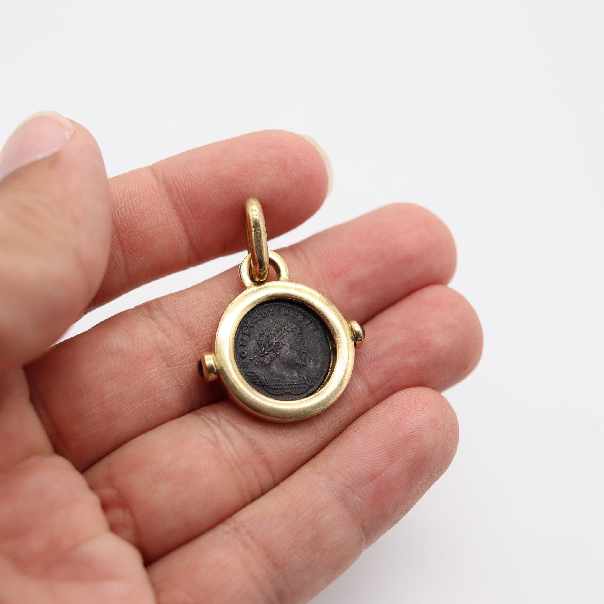 Women's or Men's ROMAN EMPIRE 300 AD Emperor Constantine Coin Pendant In 18Kt Gold And Sapphires For Sale