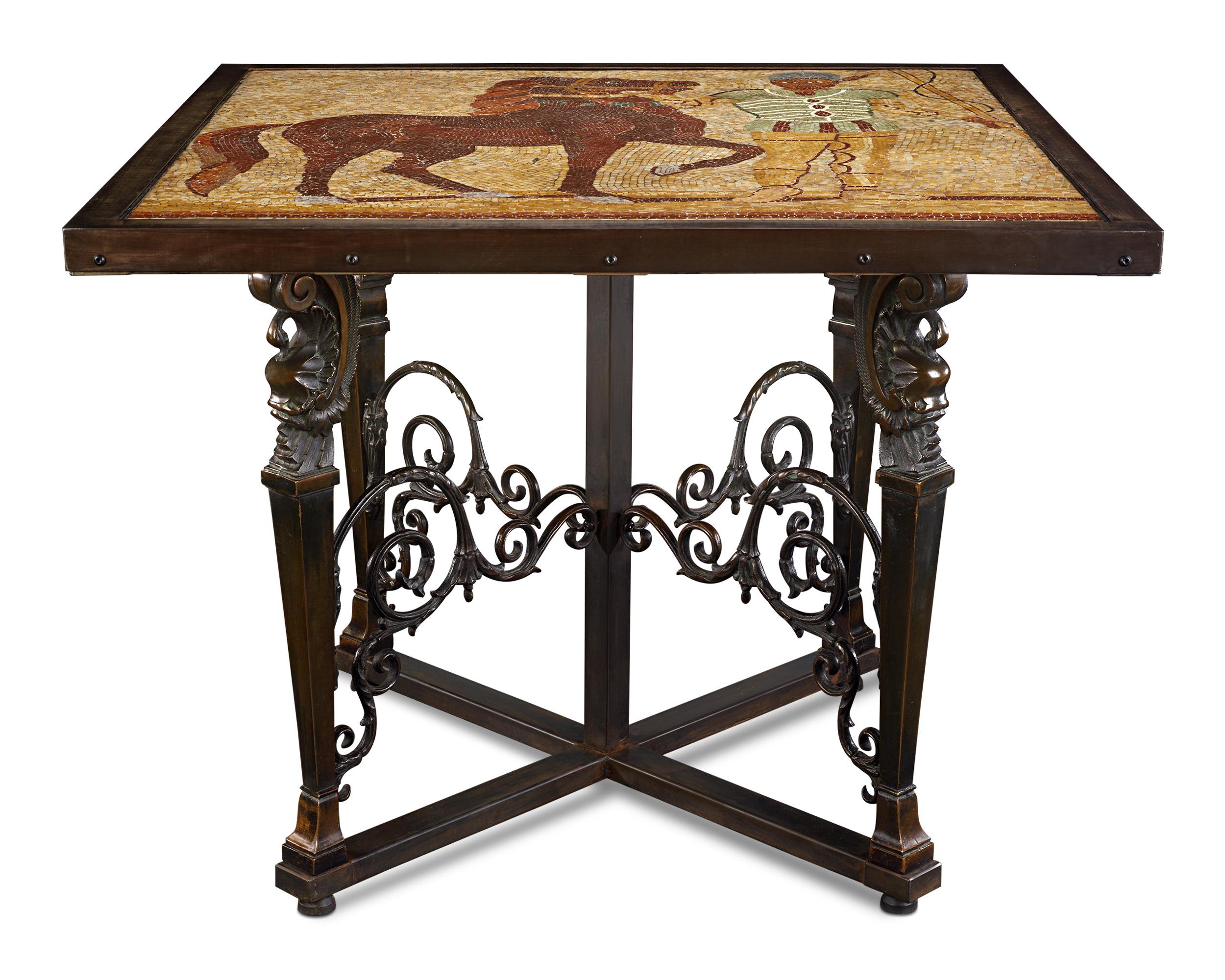 This Roman Empire mosaic table is an iconic example of Classical history, featuring a 3rd-century mosaic of a Roman Charioteer. More than mere entertainment, the four charioteer teams of the Roman Empire famously evoked passion, loyalty and fervor