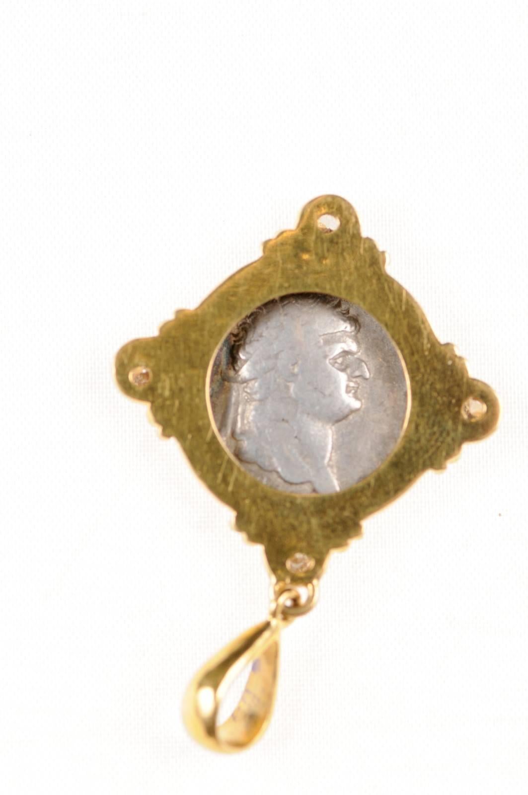 Roman Empire Domitian Coin circa 81-96 AD Set in Gold with Diamond Accents For Sale 4