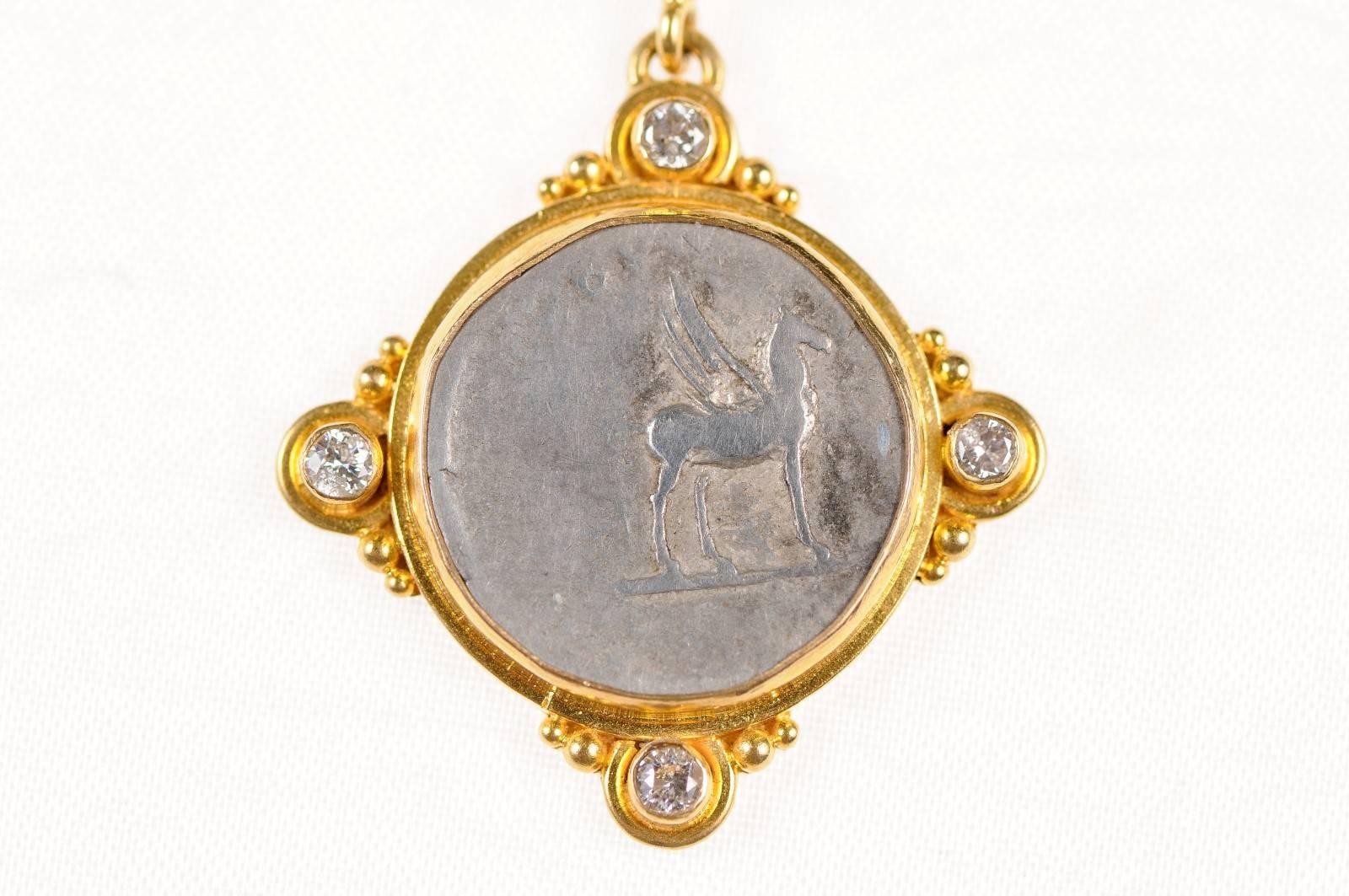 Roman Empire Domitian Coin circa 81-96 AD Set in Gold with Diamond Accents In Good Condition For Sale In Atlanta, GA
