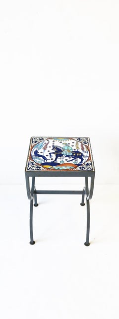Tile Top Grey Metal Side or Drinks Table Indoors or Patio in the style of Hermes
