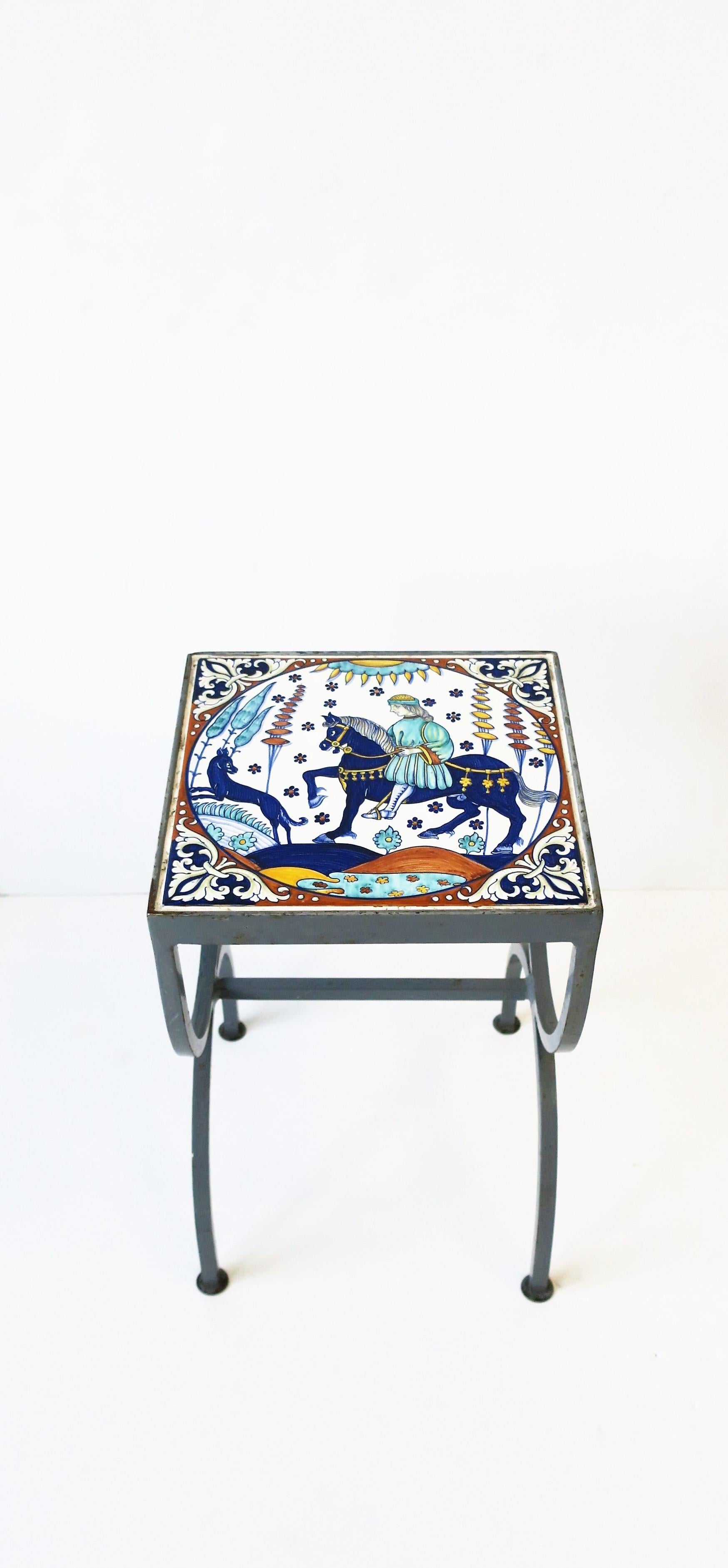 Glazed Tile Top Grey Metal Side or Drinks Table Indoors or Patio in the style of Hermes