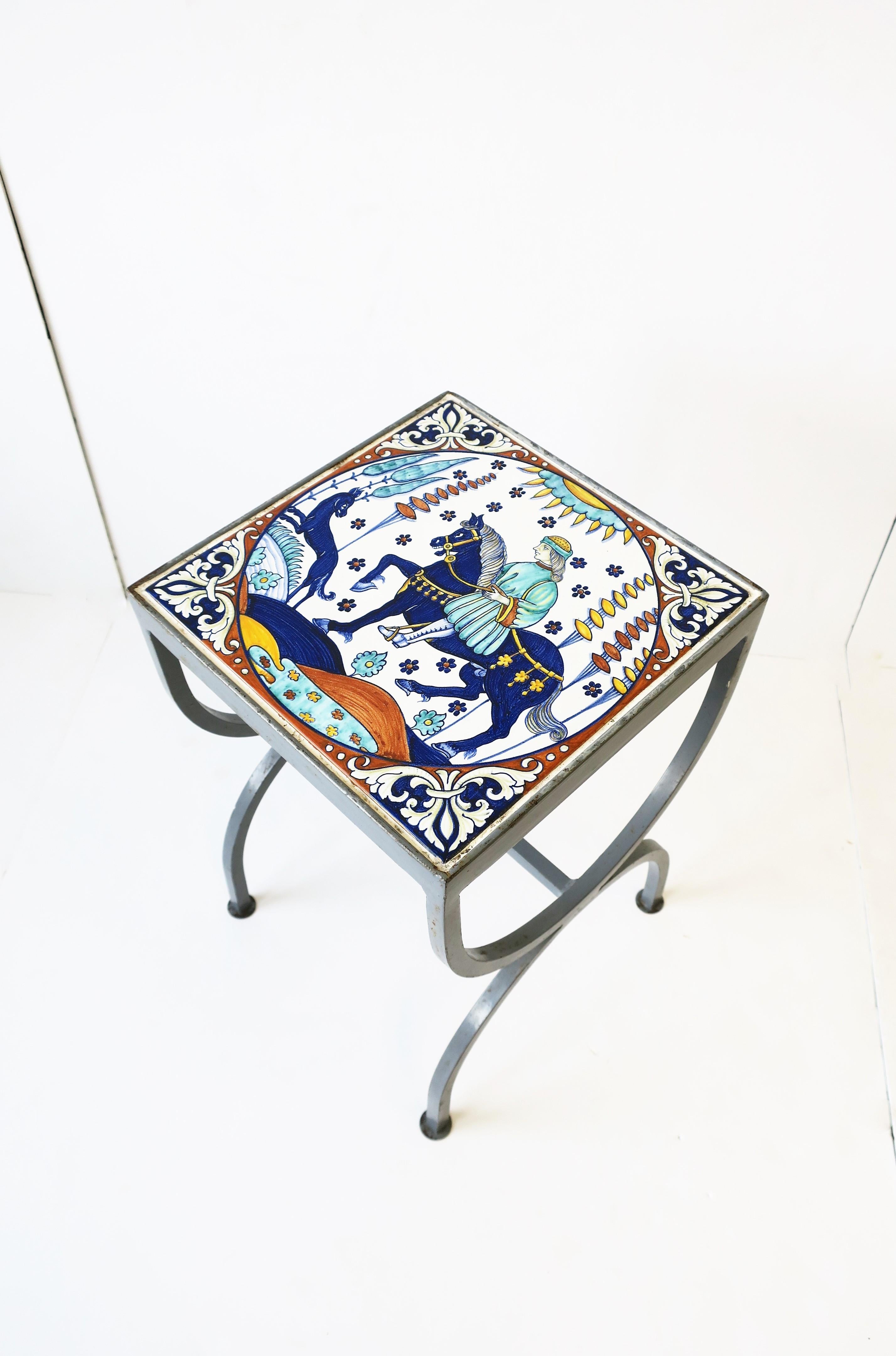 20th Century Tile Top Grey Metal Side or Drinks Table Indoors or Patio in the style of Hermes