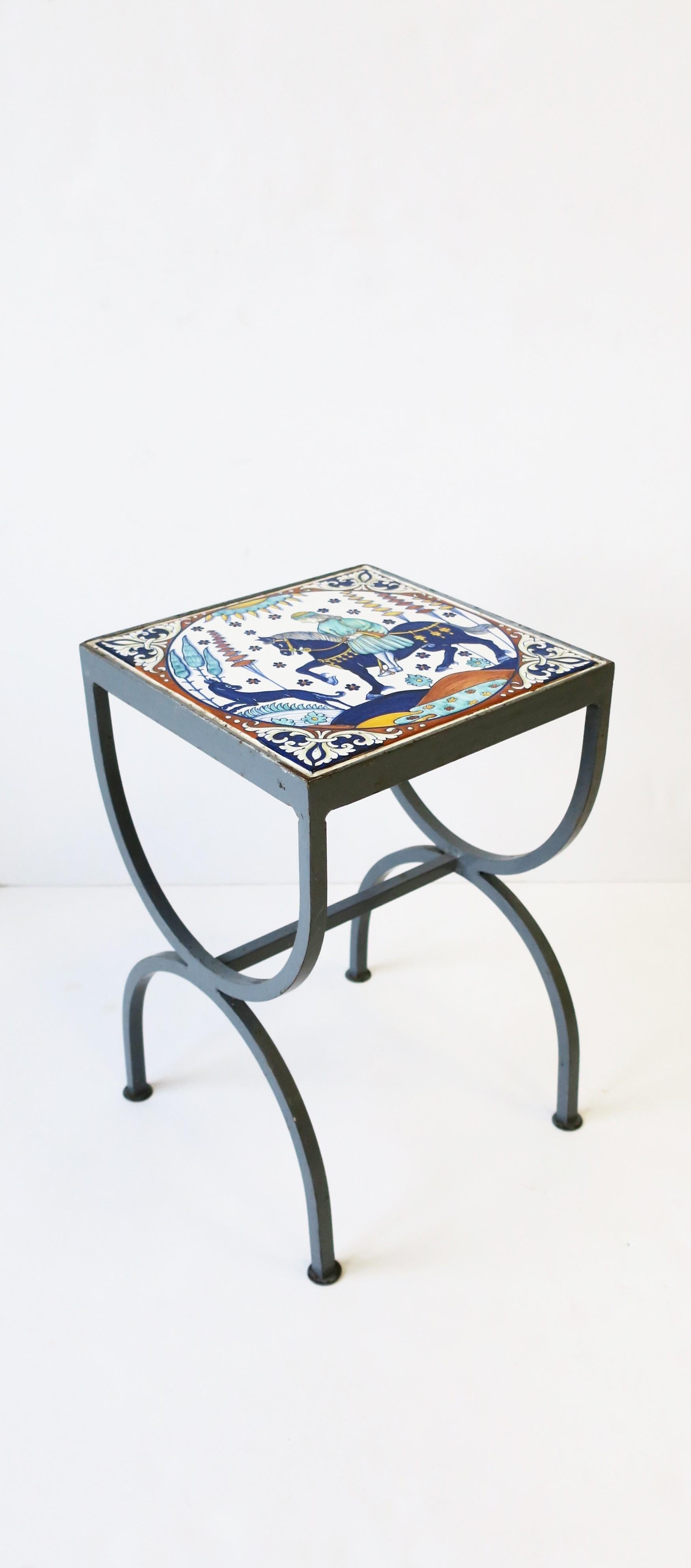 Tile Top Grey Metal Side or Drinks Table Indoors or Patio in the style of Hermes 1