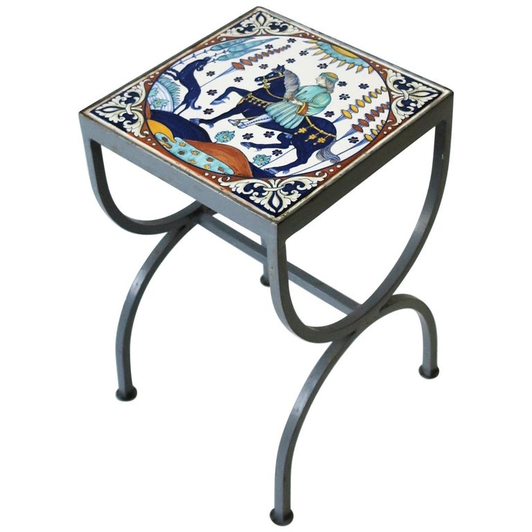 Tile Top Grey Metal Side Or Drinks Table Indoors Patio In The Style Of Hermes For At 1stdibs Grey Metal Side Or Drinks Table Indoors, Ceramic Tile Patio Side Table
