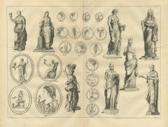 Roman Female Statues and Medallions, Montfaucon Antiquarian Engraving, 1721