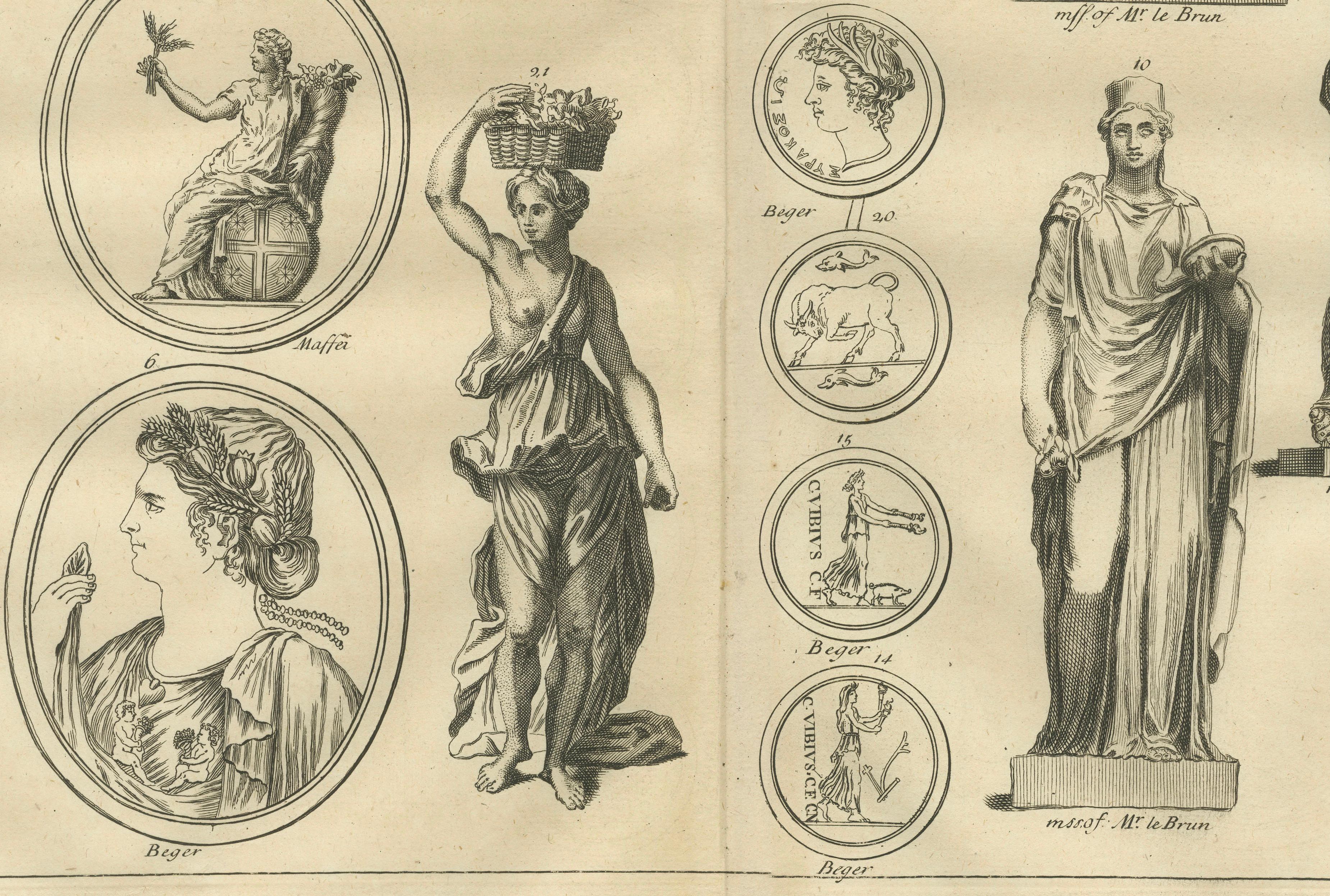 Roman Female Statues and Medallions, Montfaucon Antiquarian Engraving, 1721