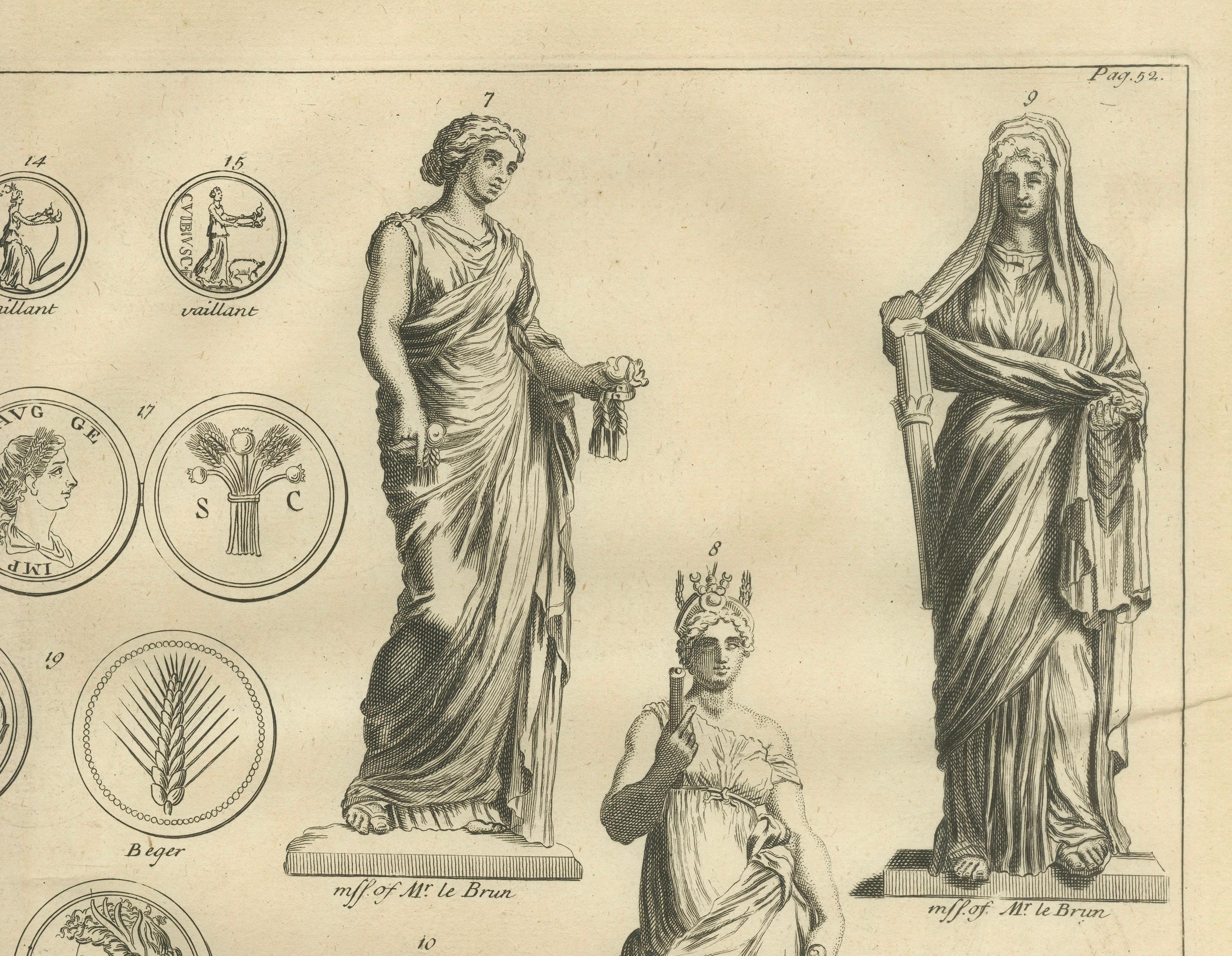 Roman Female Statues and Medallions, Montfaucon Antiquarian Engraving, 1721
