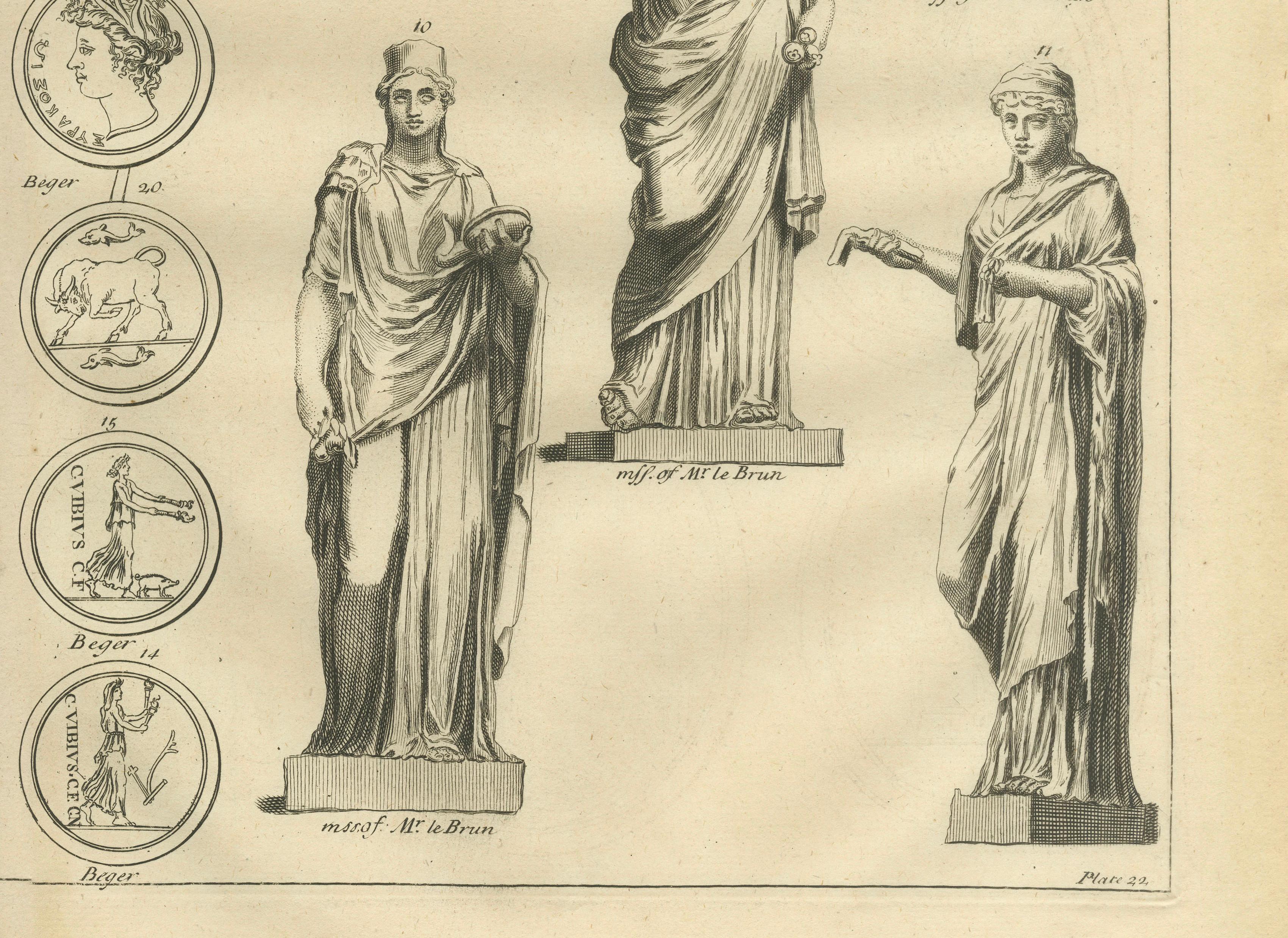 Roman Female Statues and Medallions, Montfaucon Antiquarian Engraving, 1721