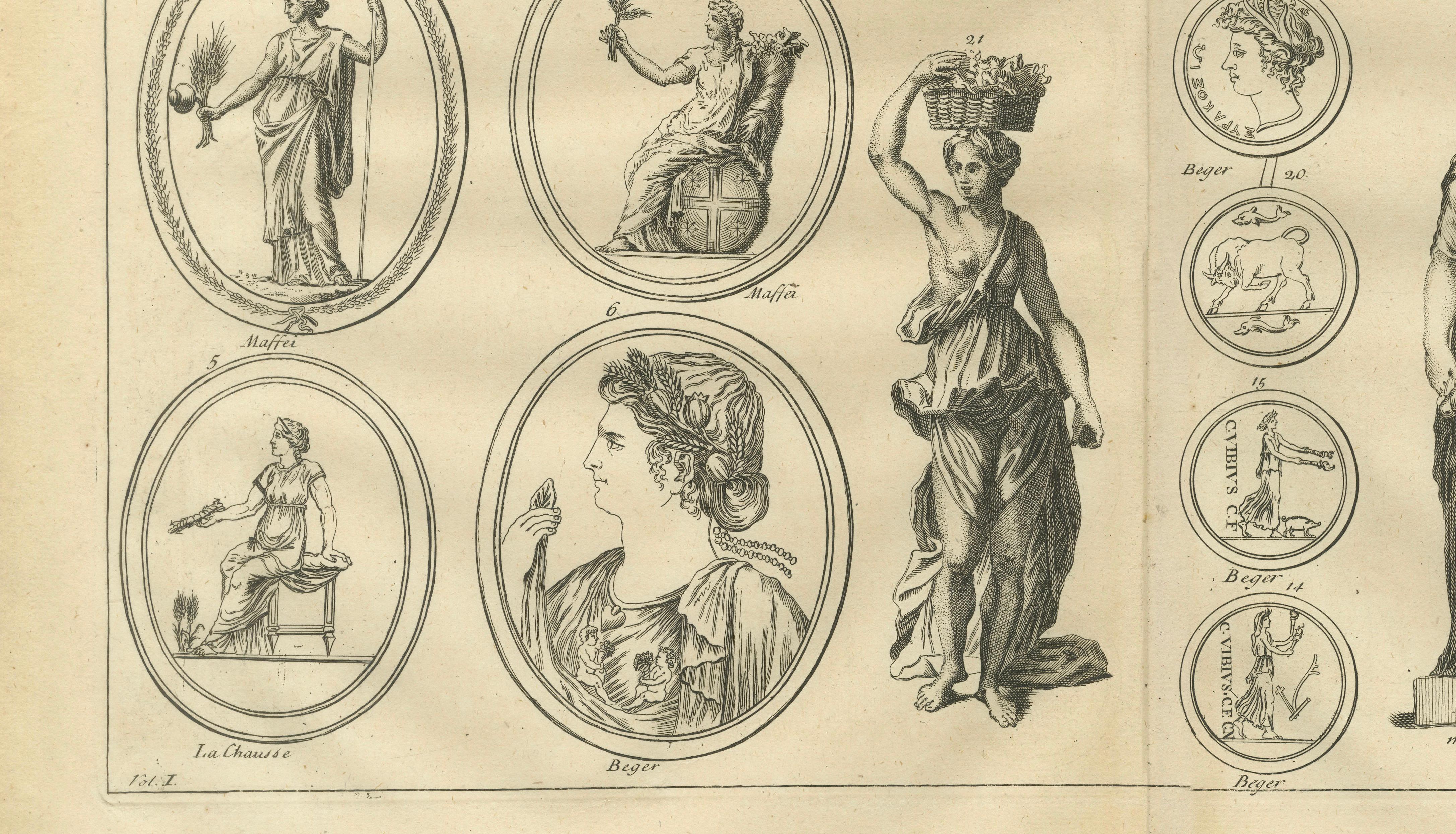 Roman Female Statues and Medallions, Montfaucon Antiquarian Engraving, 1721