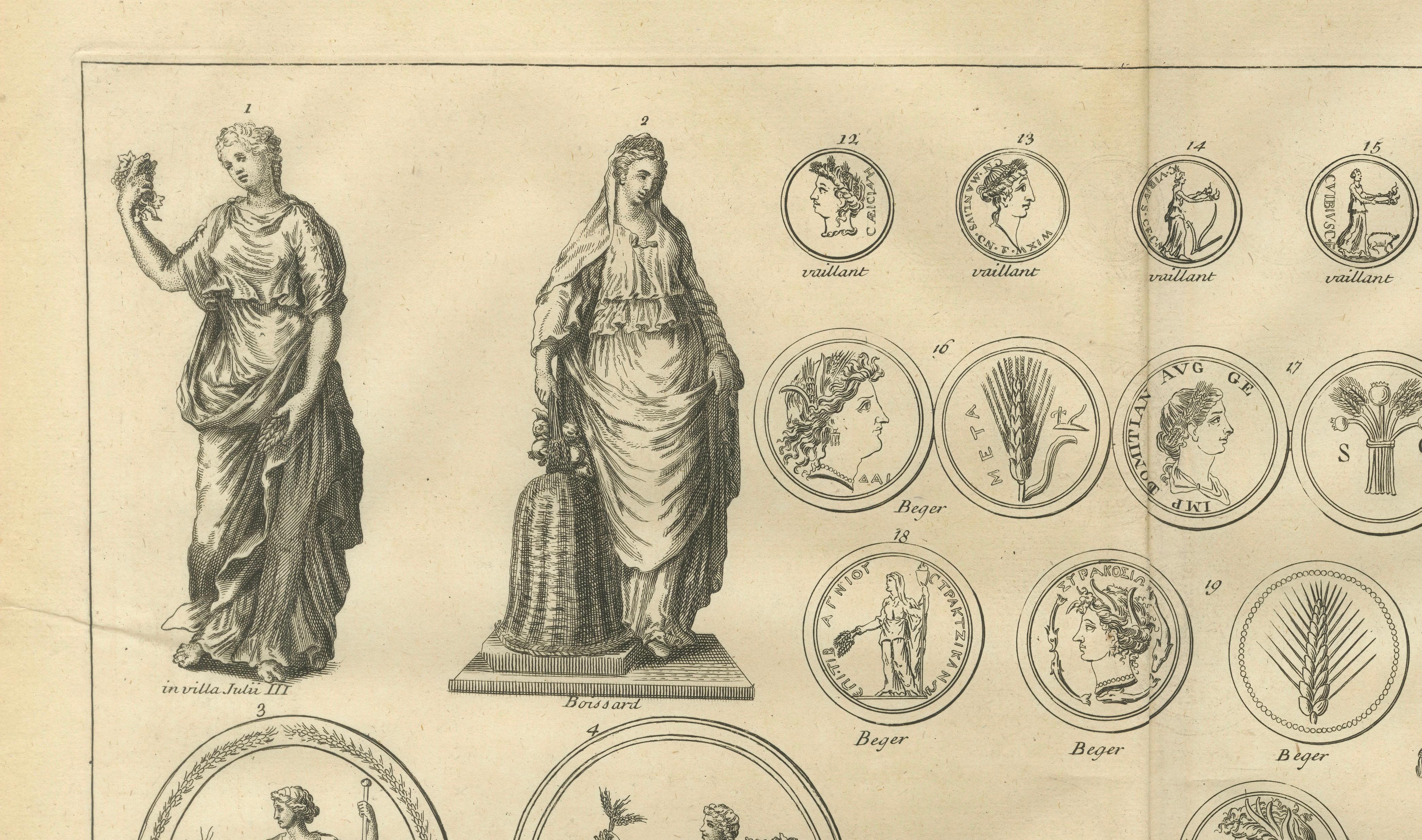 Roman Female Statues and Medallions, Montfaucon Antiquarian Engraving, 1721