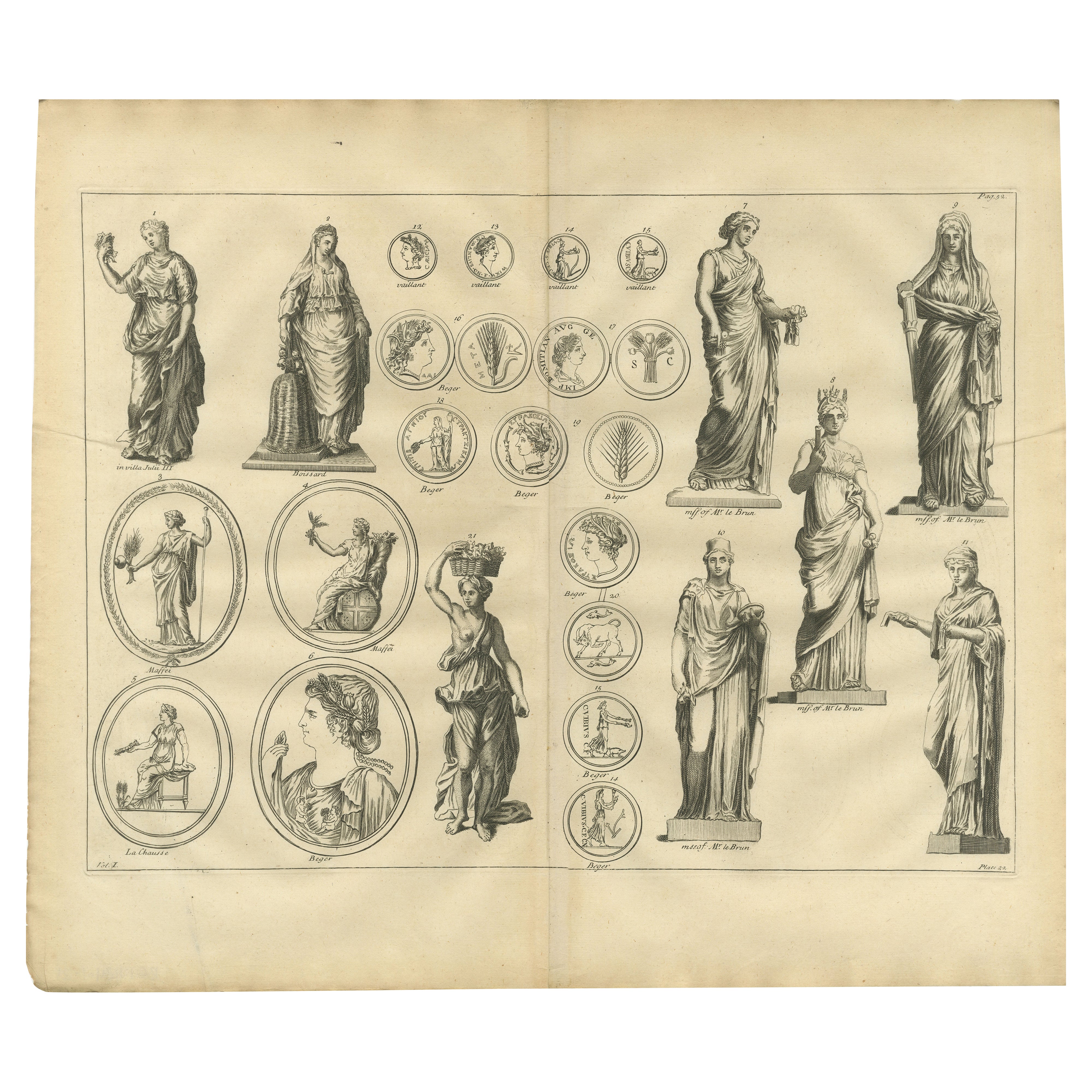 Roman Female Statues and Medallions, Montfaucon Antiquarian Engraving, 1721