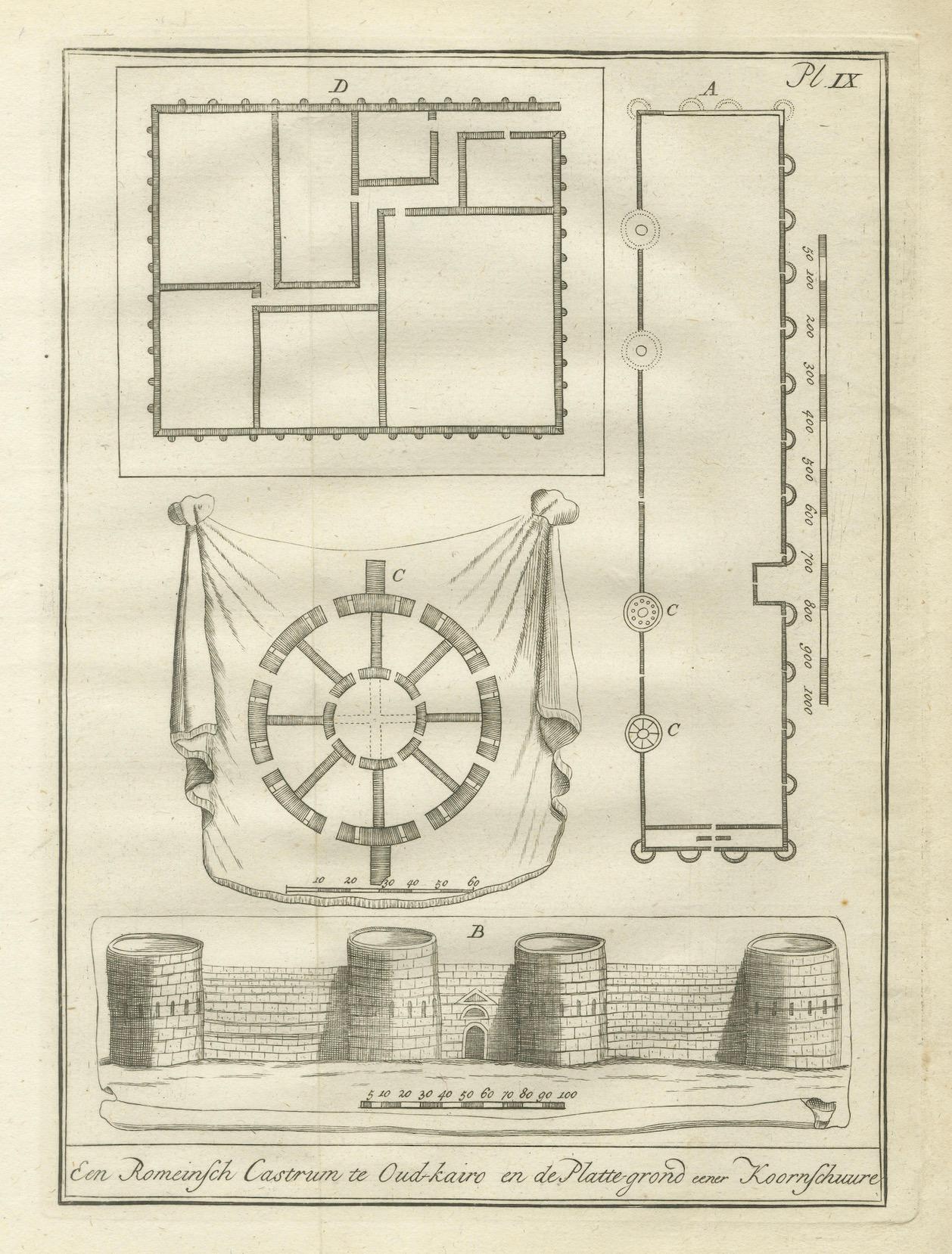 Fortaleza romana, El Cairo antiguo y planos del antiguo granero - Egipto Grabado, 1776 en venta 1