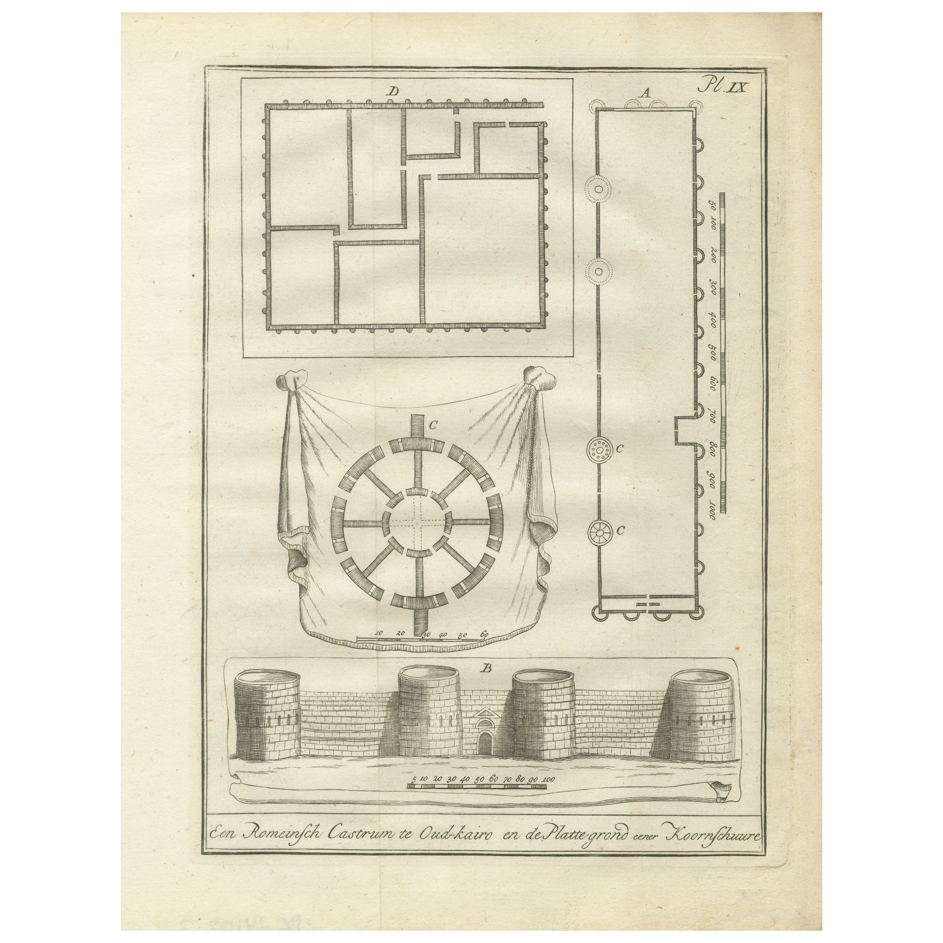 Fortaleza romana, El Cairo antiguo y planos del antiguo granero - Egipto Grabado, 1776