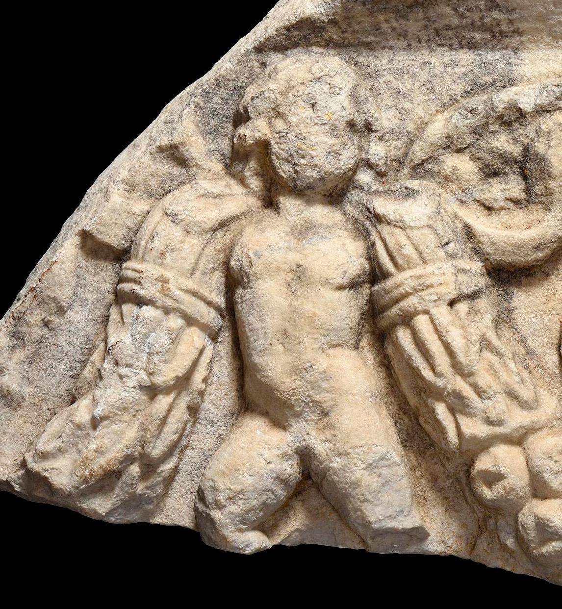 Classical Roman Roman Fragment of Sarcophagus Depicting a Gorgon and Eros with Epitaph