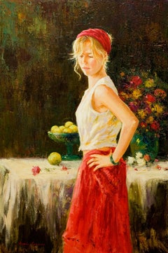 "Red Skirt (Falda Roja)" by Roman Frances 31" x 21" Oil on Canvas
