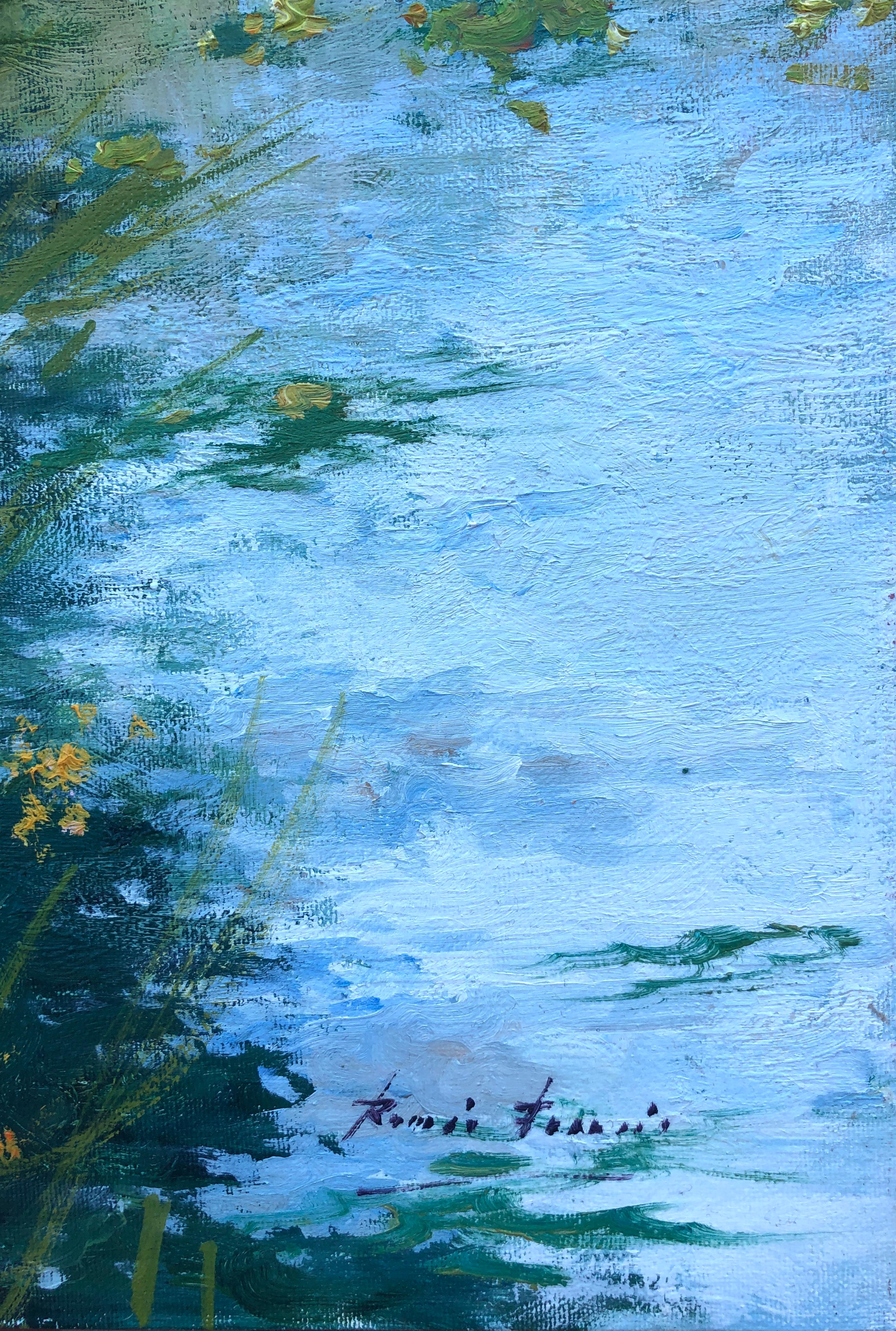 Young Woman by the River oil on canvas painting - Painting by Roman Frances