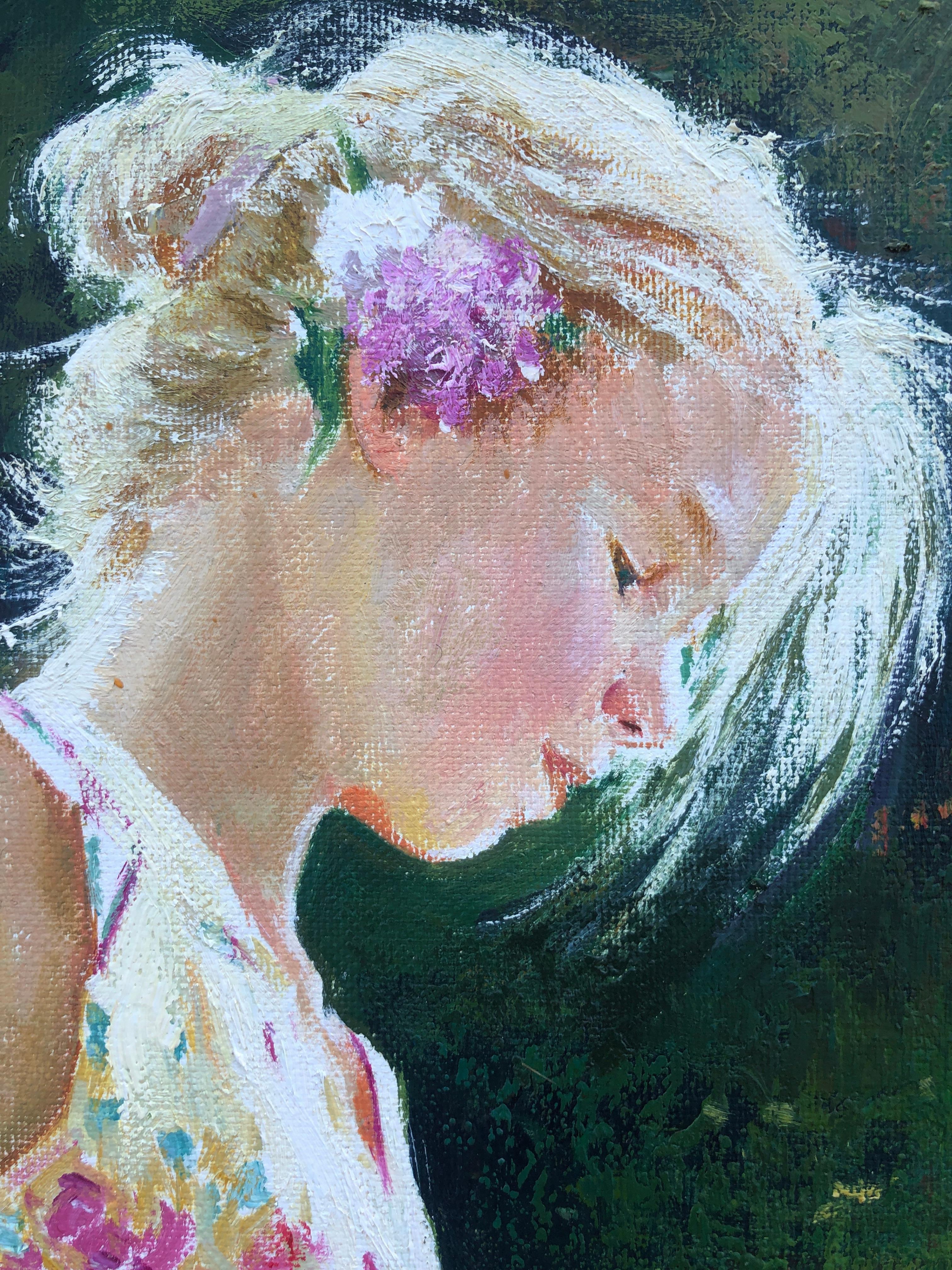 Young Woman by the River oil on canvas painting - Black Landscape Painting by Roman Frances