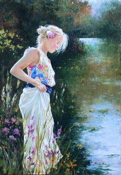 Jeune femme au bord de la rivière, huile sur toile