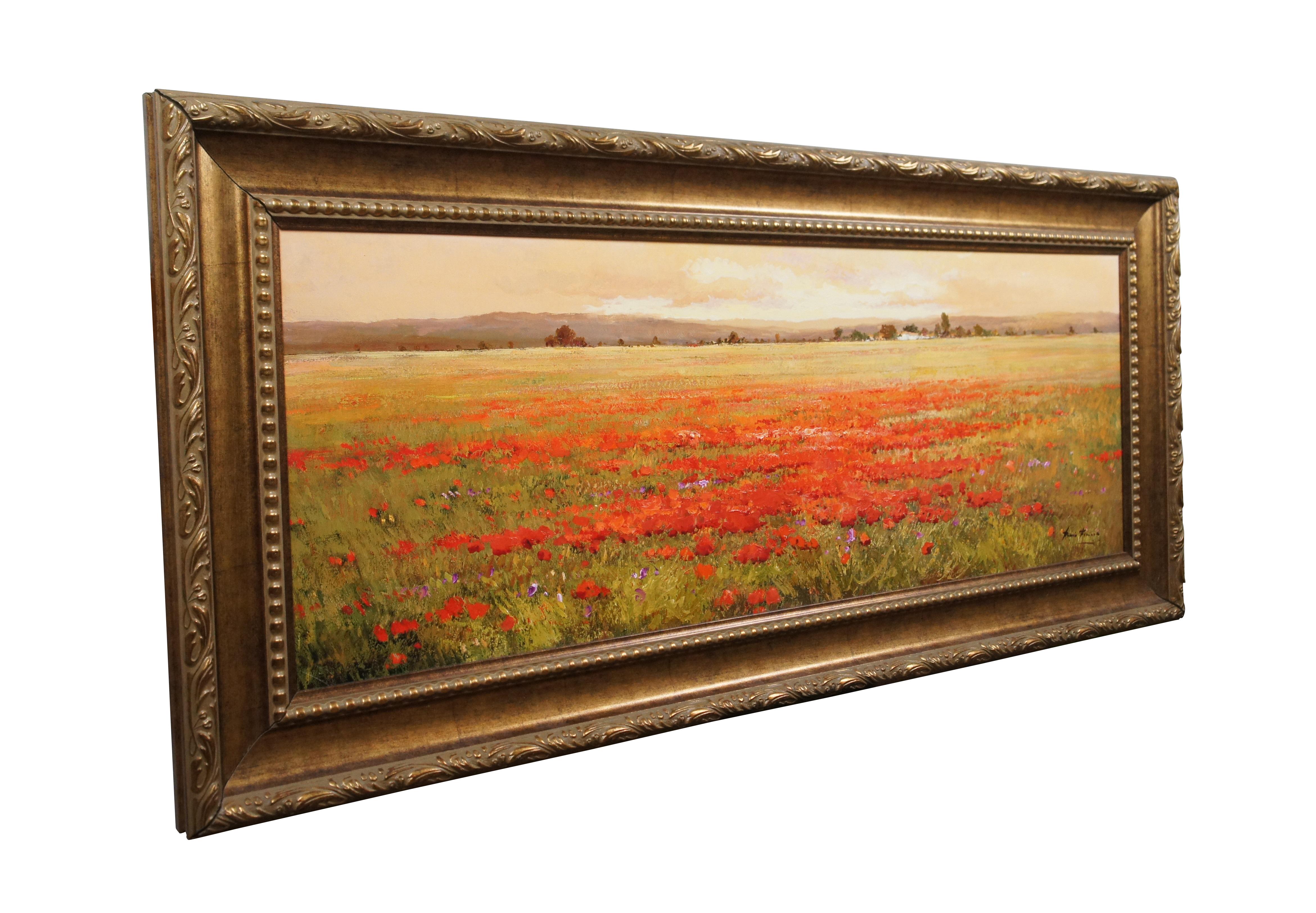 Impresionante giclée sobre lienzo de edición limitada de finales del siglo XX de un paisaje campestre floral, adornado a mano con detalles al óleo por el artista Roman Frances. Firmado en la parte inferior derecha. Numerada 38/49. Fama de resina
