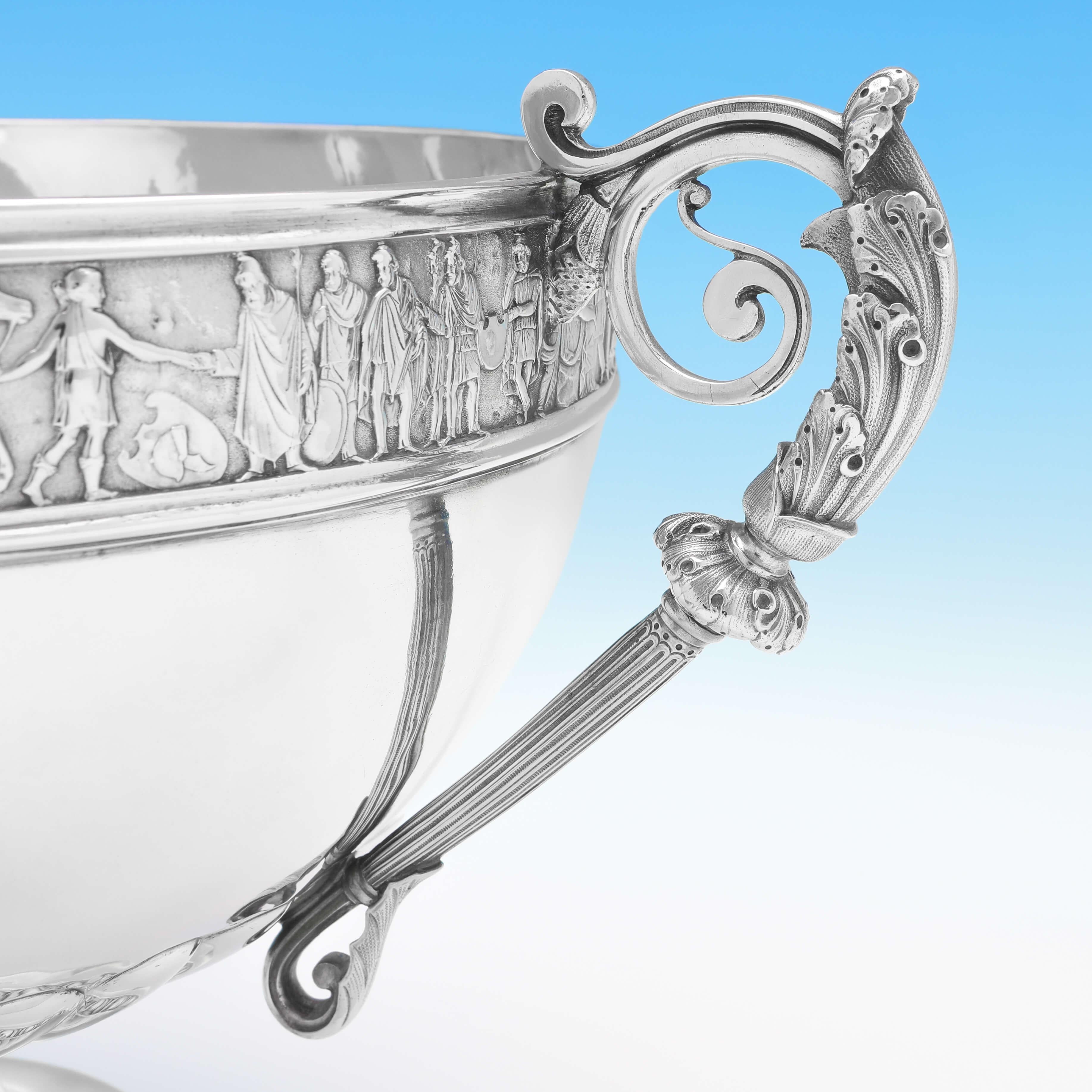 Greek Revival Roman Frieze Victorian Antique Sterling Silver Bowl by Elkington & Co. For Sale