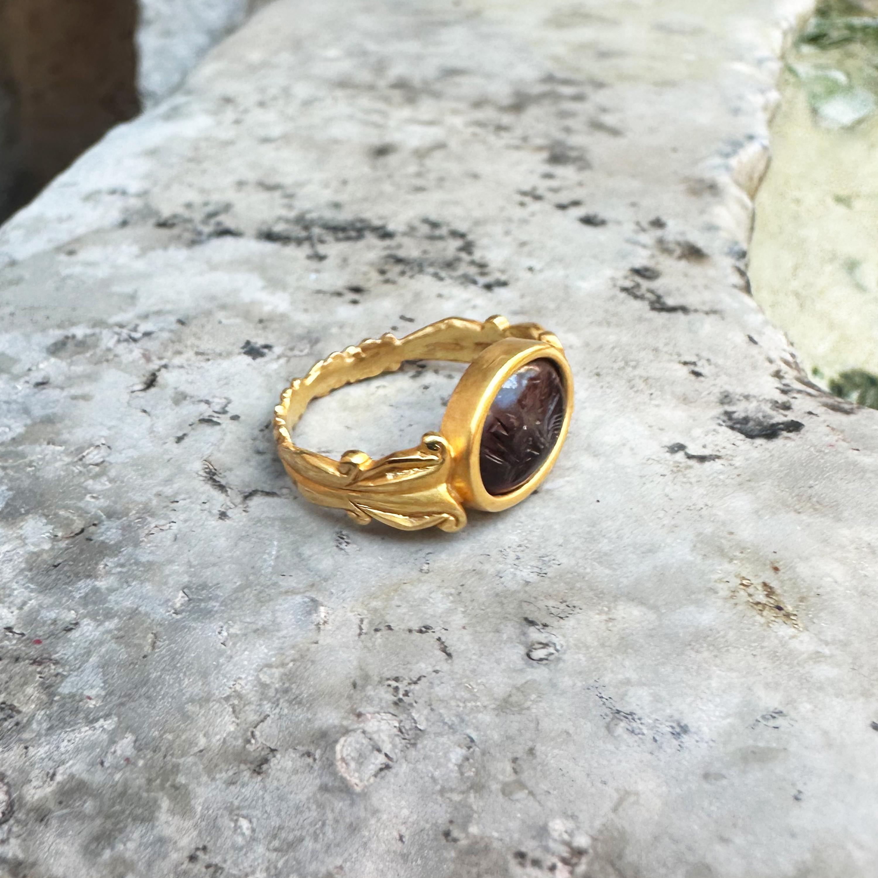 Classical Roman Roman Garnet Intaglio 1st-2nd Cent, AD 18 Kt Gold Ring Depicting God Apollo