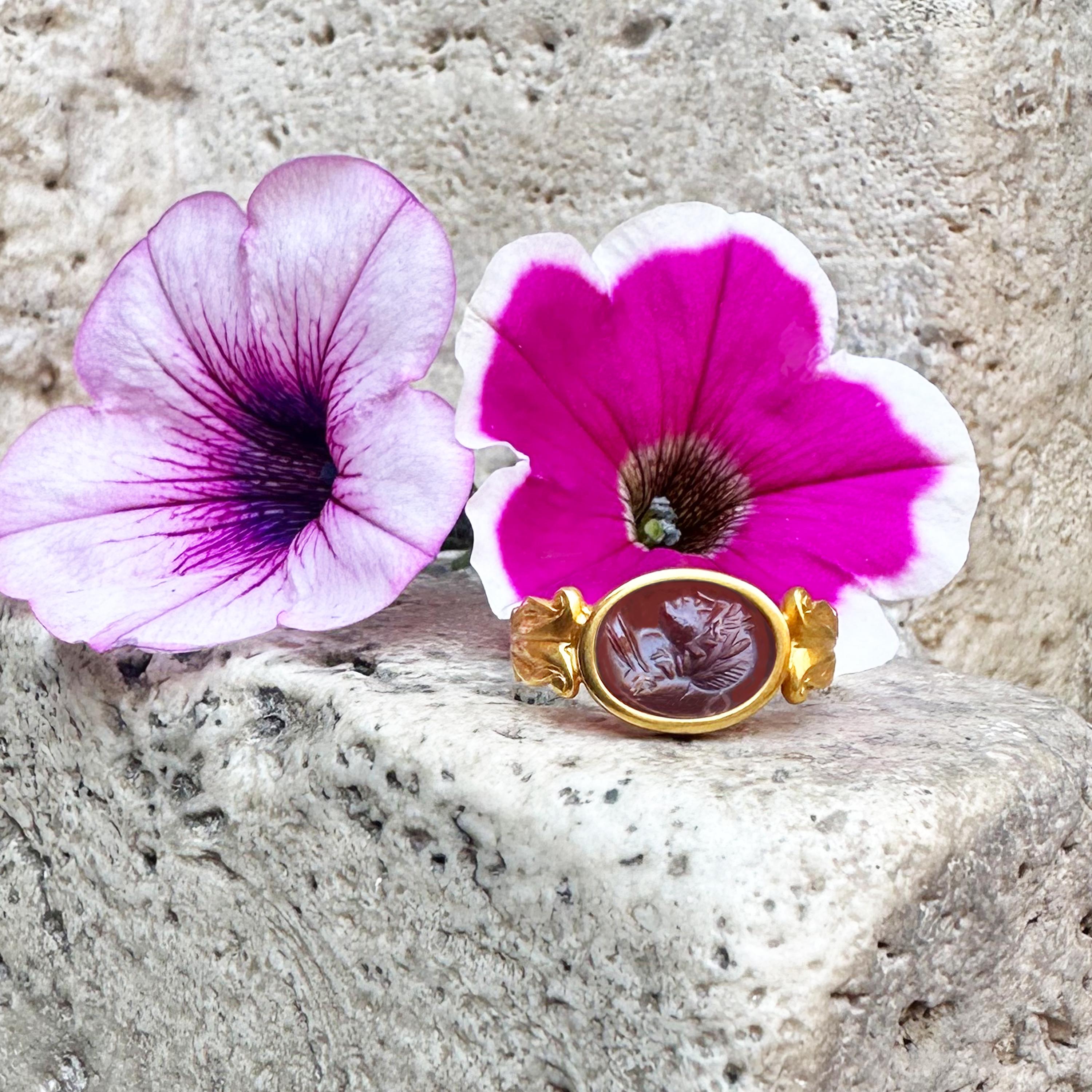 Oval Cut Roman Garnet Intaglio 1st-2nd Cent, AD 18 Kt Gold Ring Depicting God Apollo