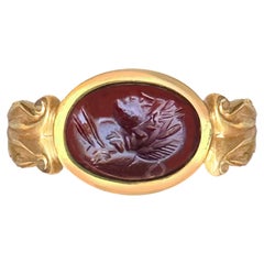 Antique Roman Garnet Intaglio 1st-2nd Cent, AD 18 Kt Gold Ring Depicting God Apollo