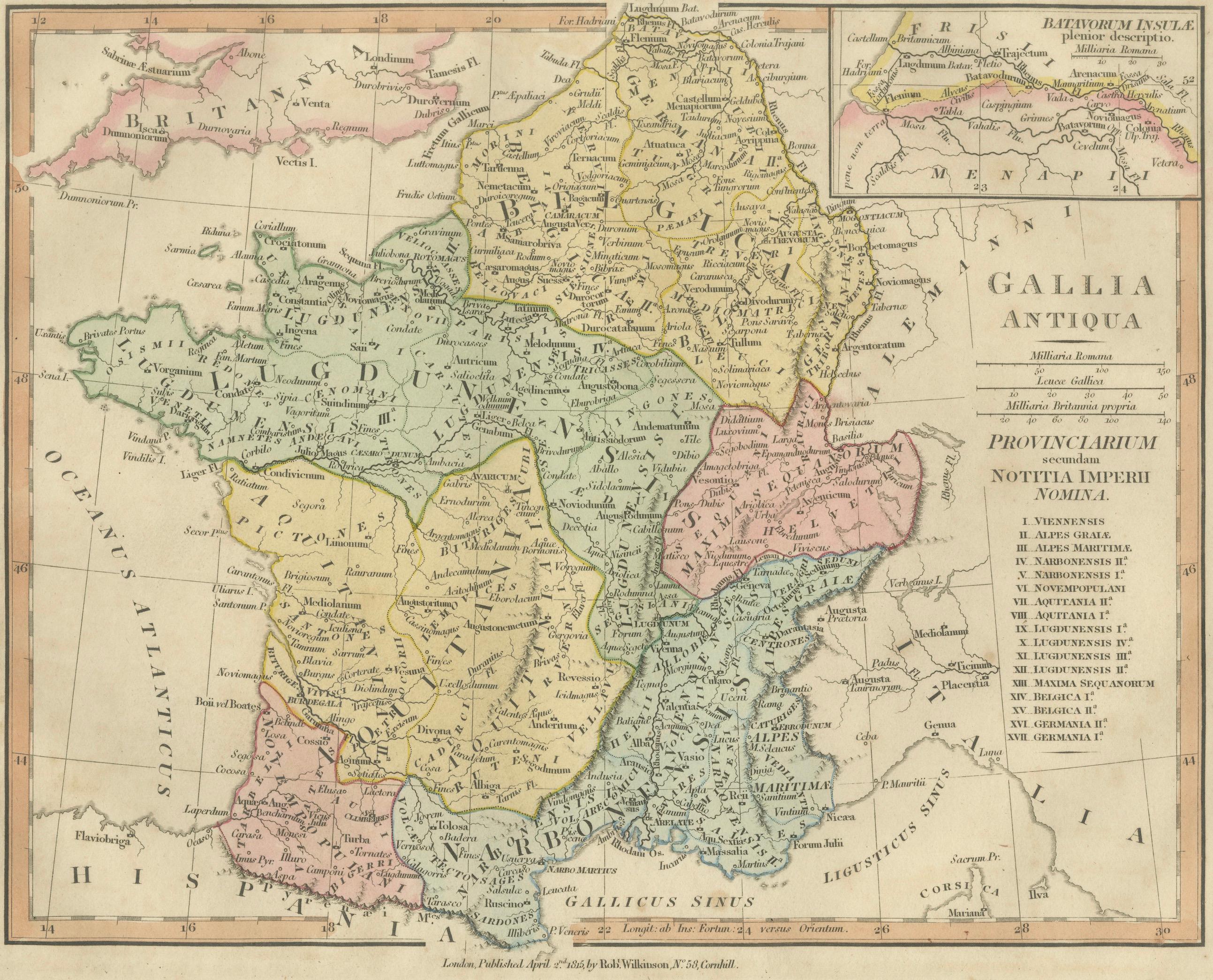 Roman Gaul Provinces Map — Gallia Antiqua, Classical France & Rhine, 1815