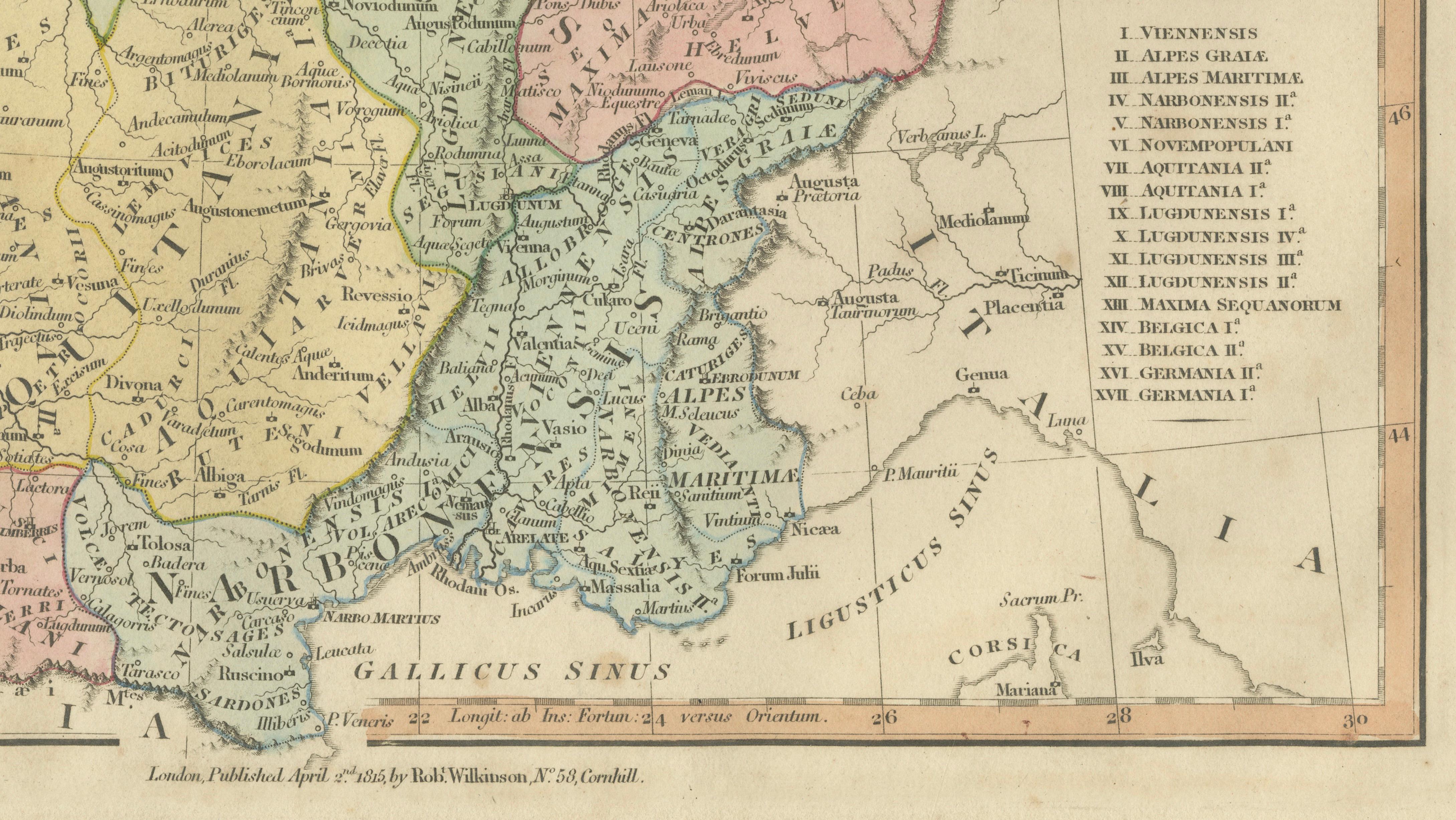 Roman Gaul Provinces Map — Gallia Antiqua, Classical France & Rhine, 1815