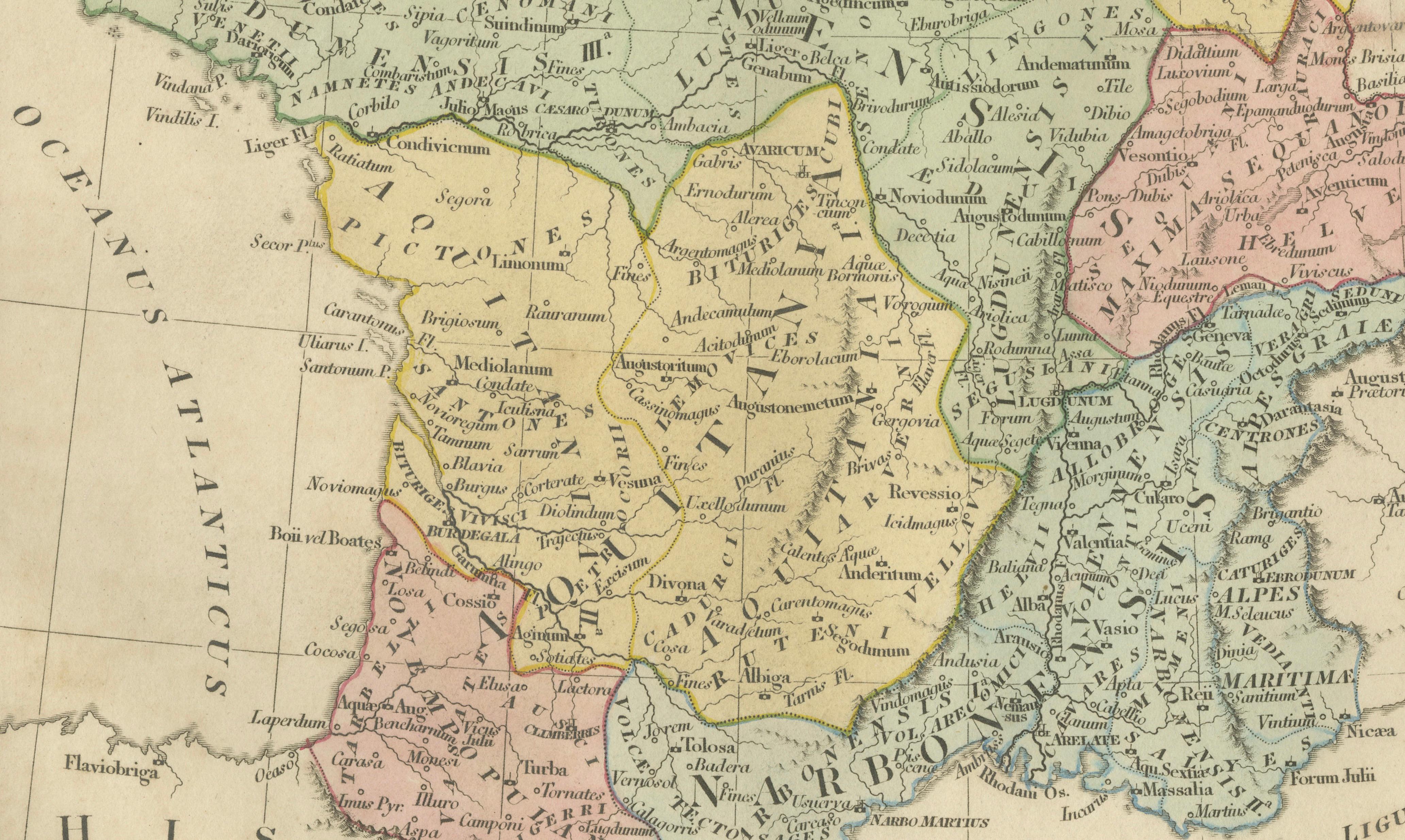 Roman Gaul Provinces Map — Gallia Antiqua, Classical France & Rhine, 1815