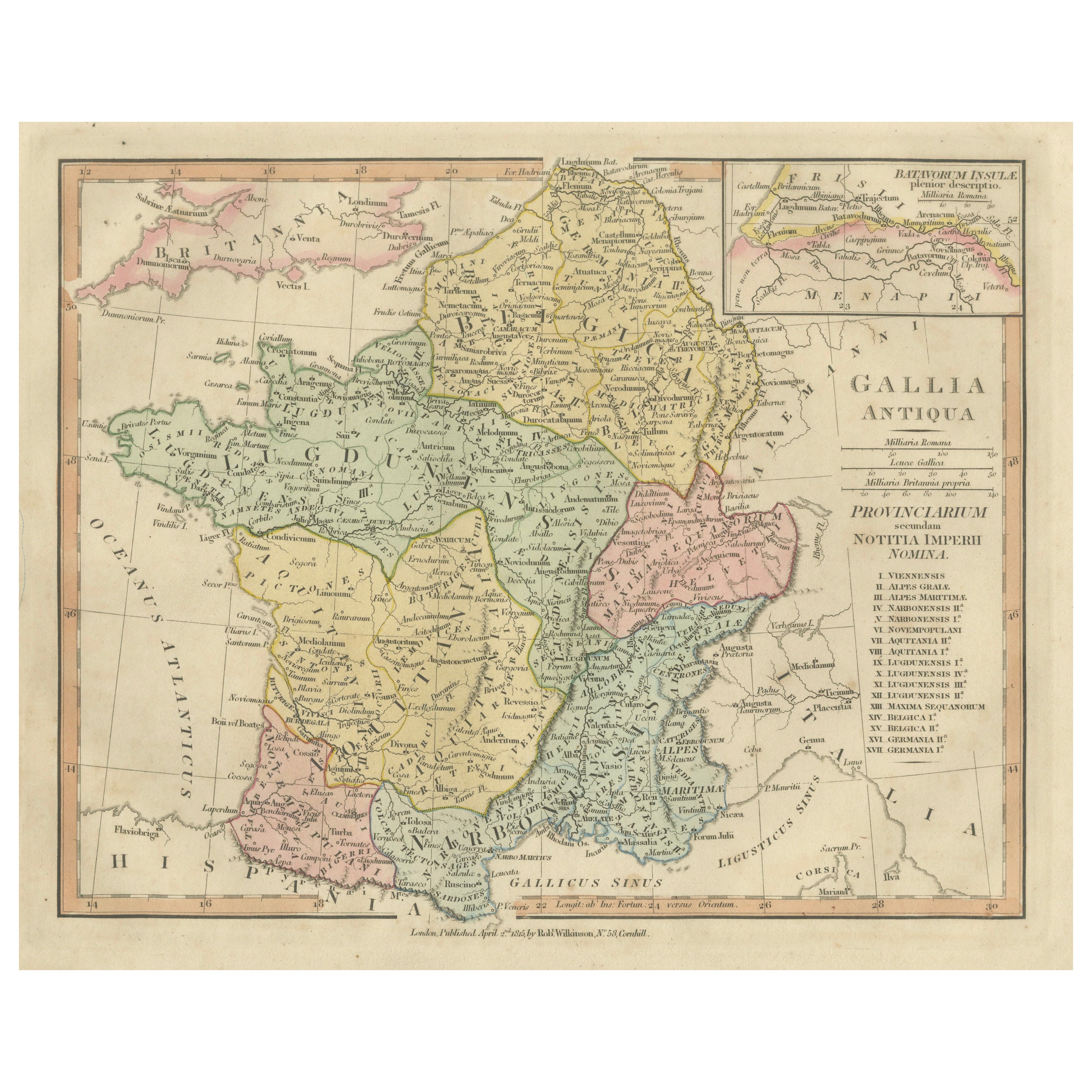 Roman Gaul Provinces Map — Gallia Antiqua, Classical France & Rhine, 1815