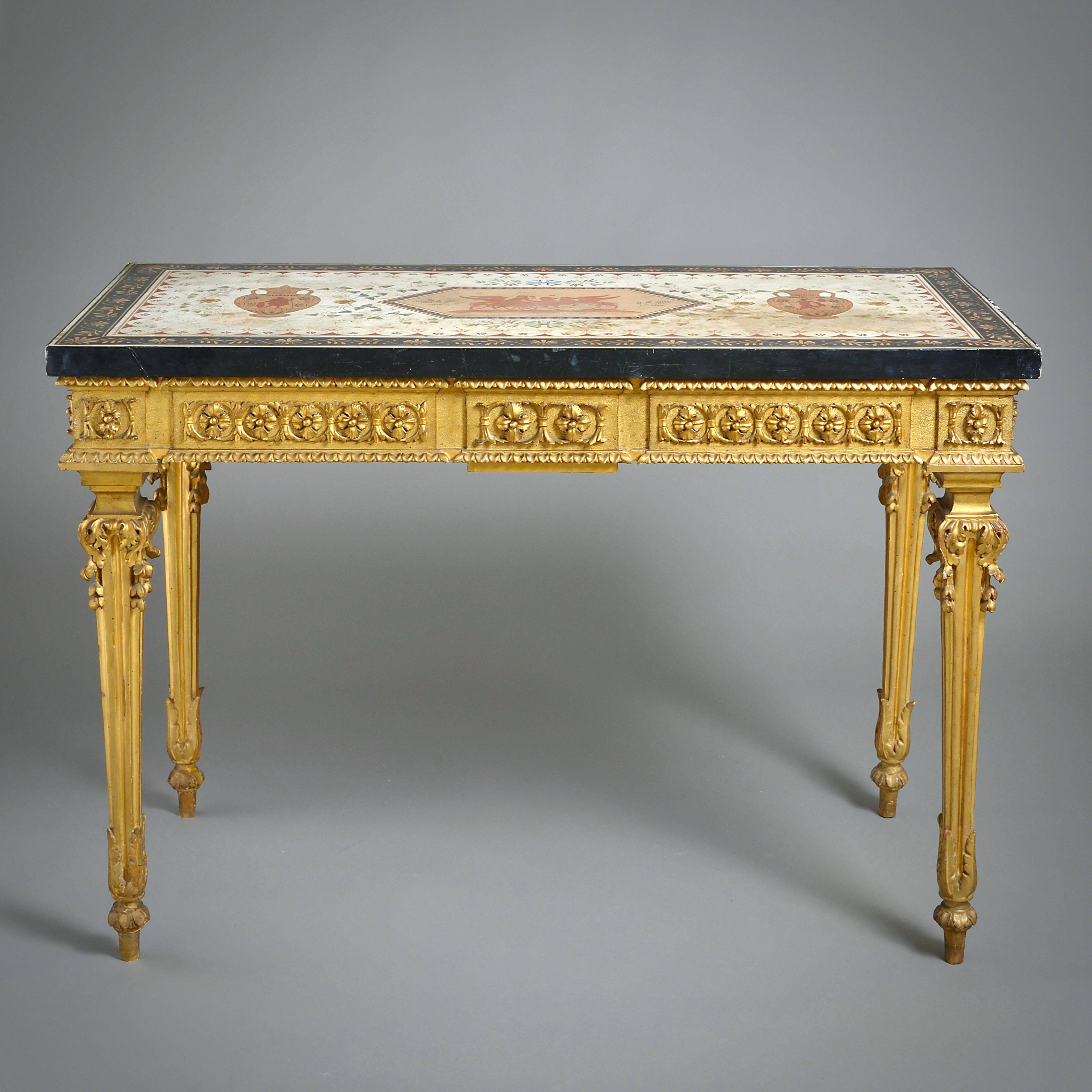 TABLE D'ACCOMPAGNEMENT EN BOIS DORÉ ROMAIN, AVEC SON PLAFOND SCAGLIOLA D'ORIGINE, vers 1780.