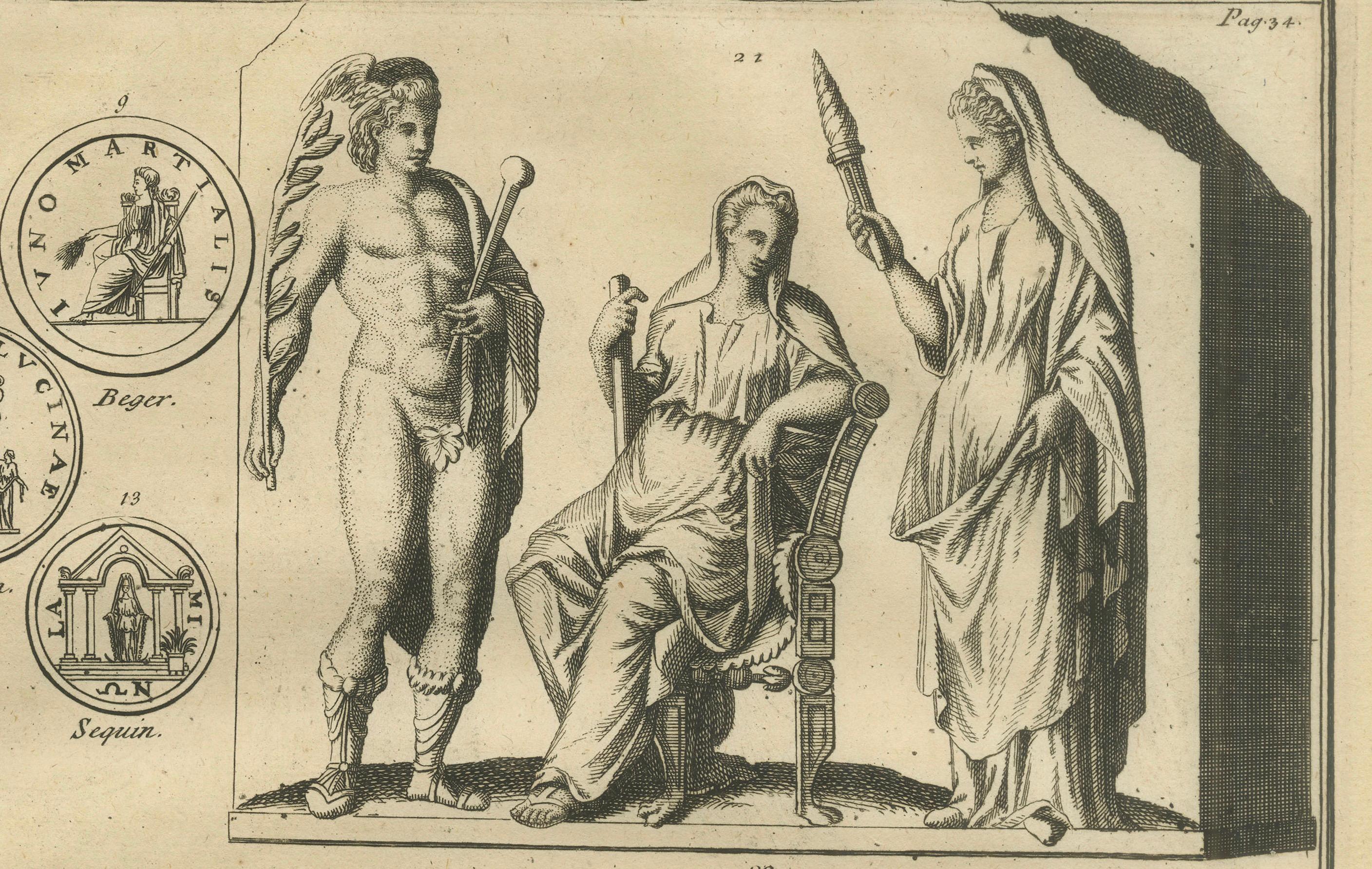 Roman Goddesses, Allegorical Statues and Coins, Composite Engraving, 1721