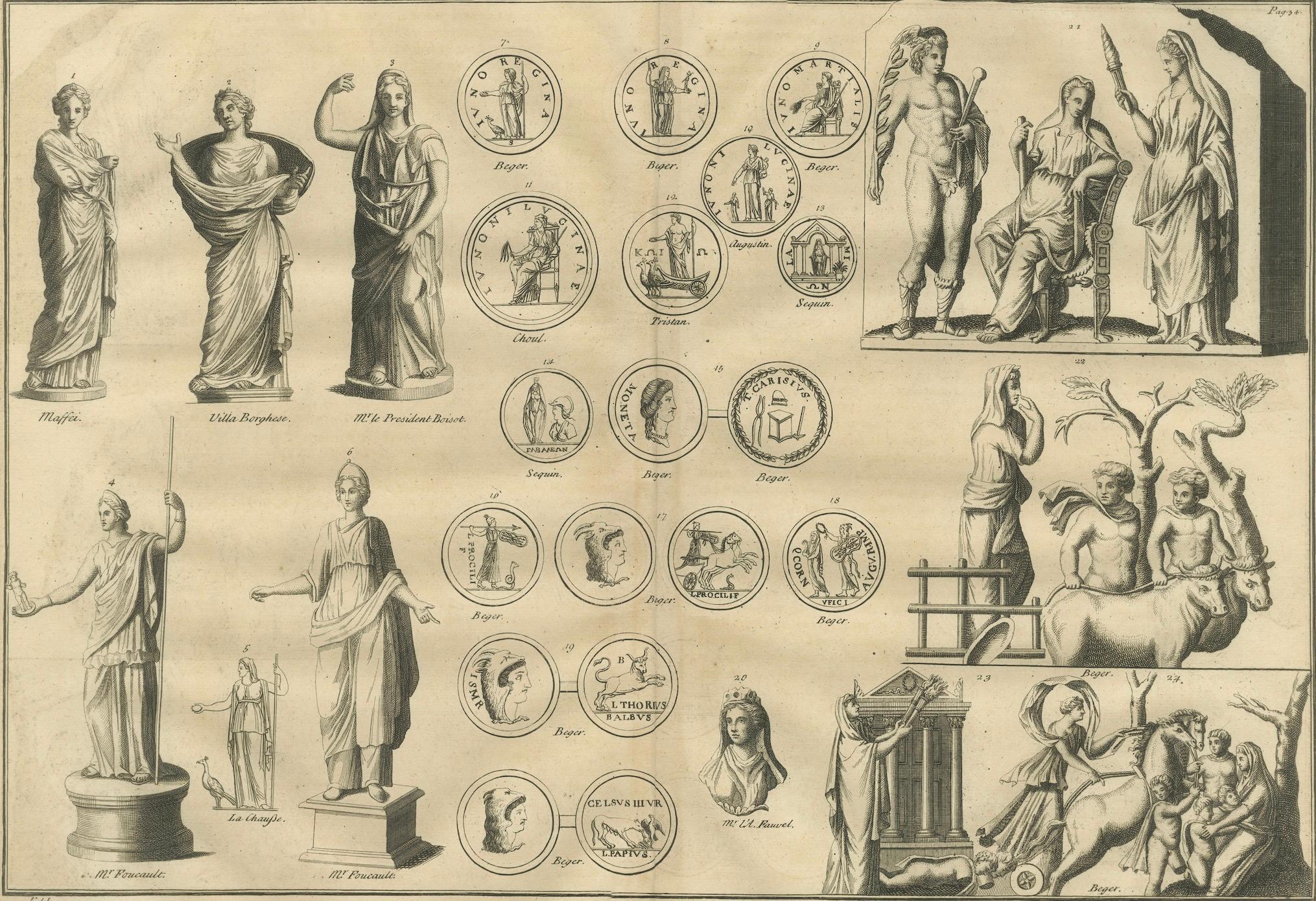 Roman Goddesses, Allegorical Statues and Coins, Composite Engraving, 1721