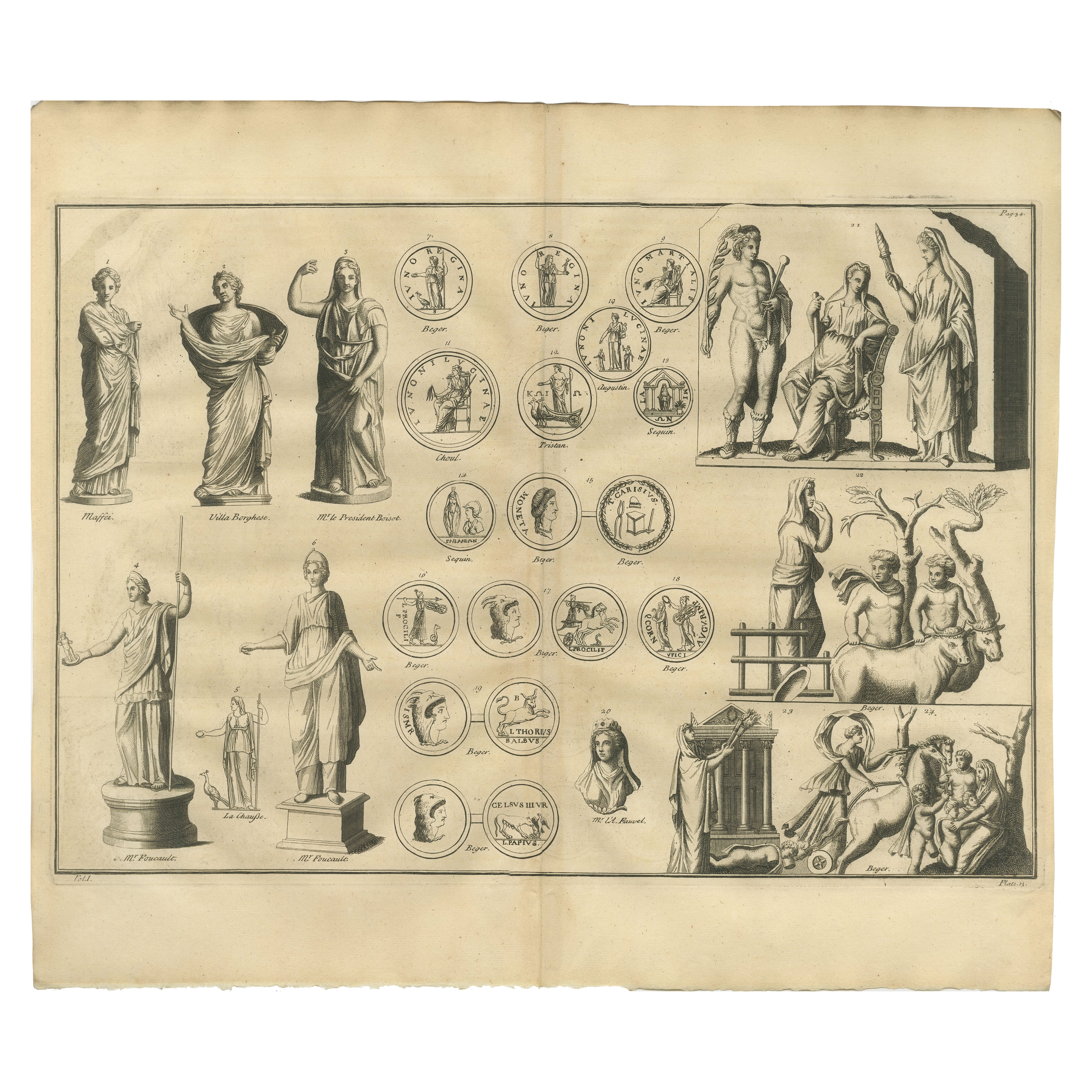 Roman Goddesses, Allegorical Statues and Coins, Composite Engraving, 1721