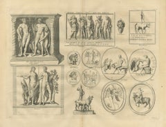 Dieux romains et reliefs mythologiques, gravure classique composite, 1721