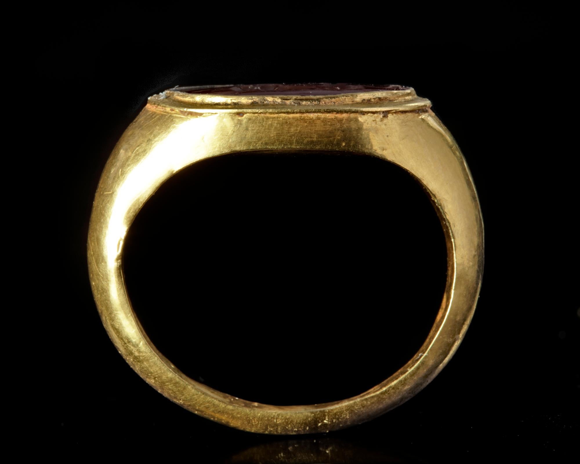 Uncut Roman Gold Ring Carnelian Intaglio Neptune In Biga Of Hippocamps 1st Century AD