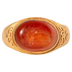 Roman Gold Ring With Carnelian Intaglio of a Gryllos Sileno And Eagle